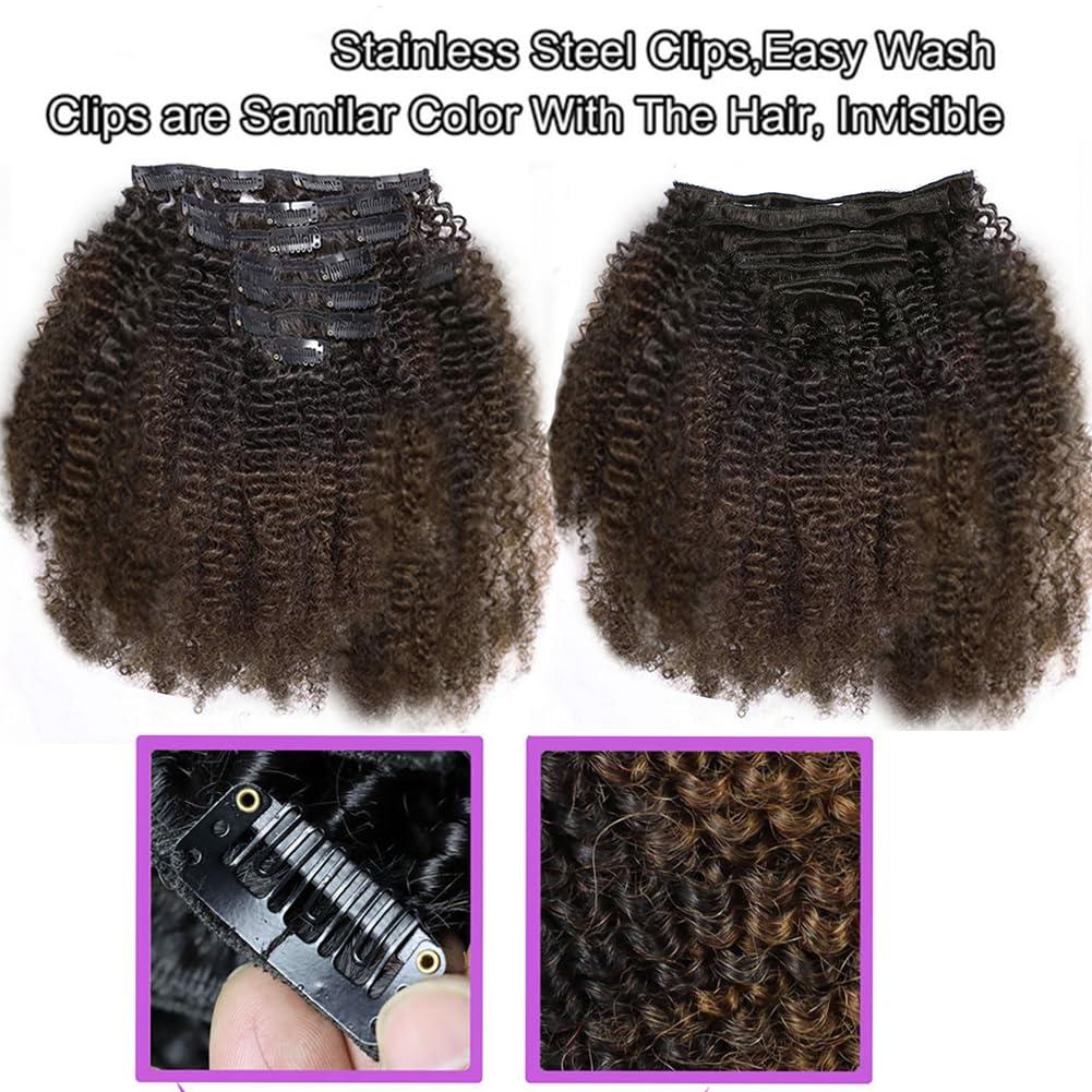 Kiss darling LASHES 4B 4C Afro Kinky Curly Clips in Human Hair Extensions for Women, Two Tone T#1B/4 Black to Brown Ombre Mongolian Curly Virgin Human Hair Clip Ins Extensions 20\"inch