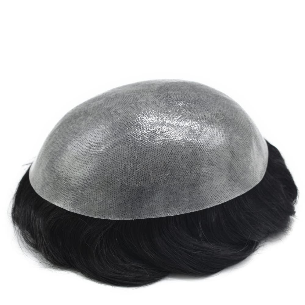 Generic Mens Toupee Human Hair HAIR WONDERS Toupee For Men Hair Units Full 0.12mm Thin Skin Hair System with Natural Hairline Mens Hair Piece (6\'\'*8\'\', #1B10 1B# OFF BLACK WITH 10% SYNTHETIC GREY-120% medium light to medium density)