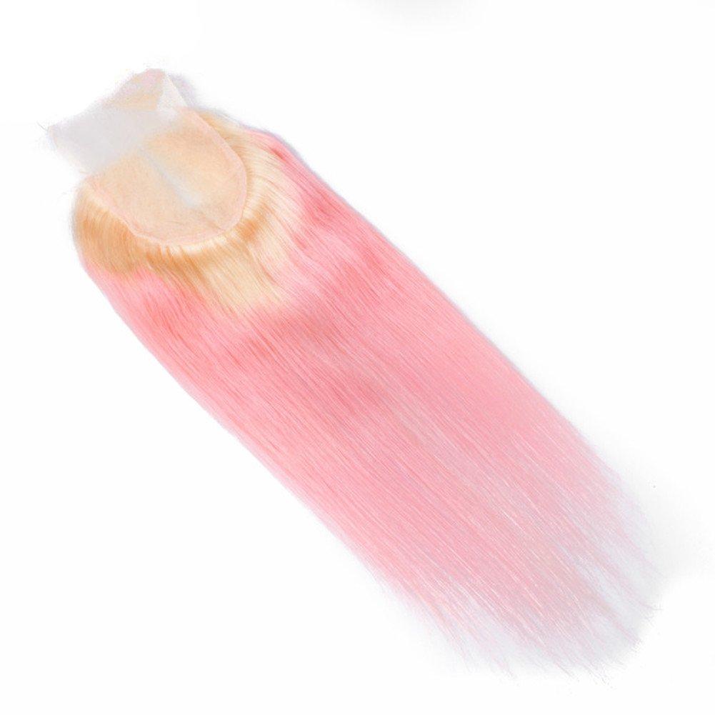 Ruma Hair Ruma Hair #613/Pink Dark Roots Ombre Human Hair Extensions With 4x4 Lace Closure 4Pcs Lot Two Tone Blonde and Pink Ombre Virgin Hair Silky Straight 3 Bundles With Top Closure (22 with 24 26 28)