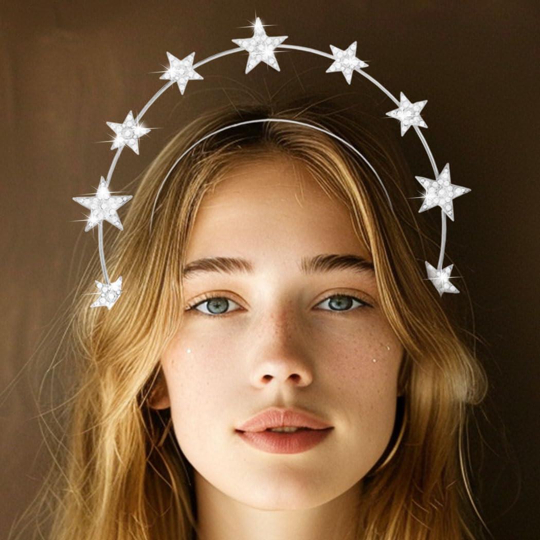 Kilshye Kilshye Rhinestone Star Goddess Headband Crystal Halo Crown Headpiece Bridal Hair Band for Women (Silver)