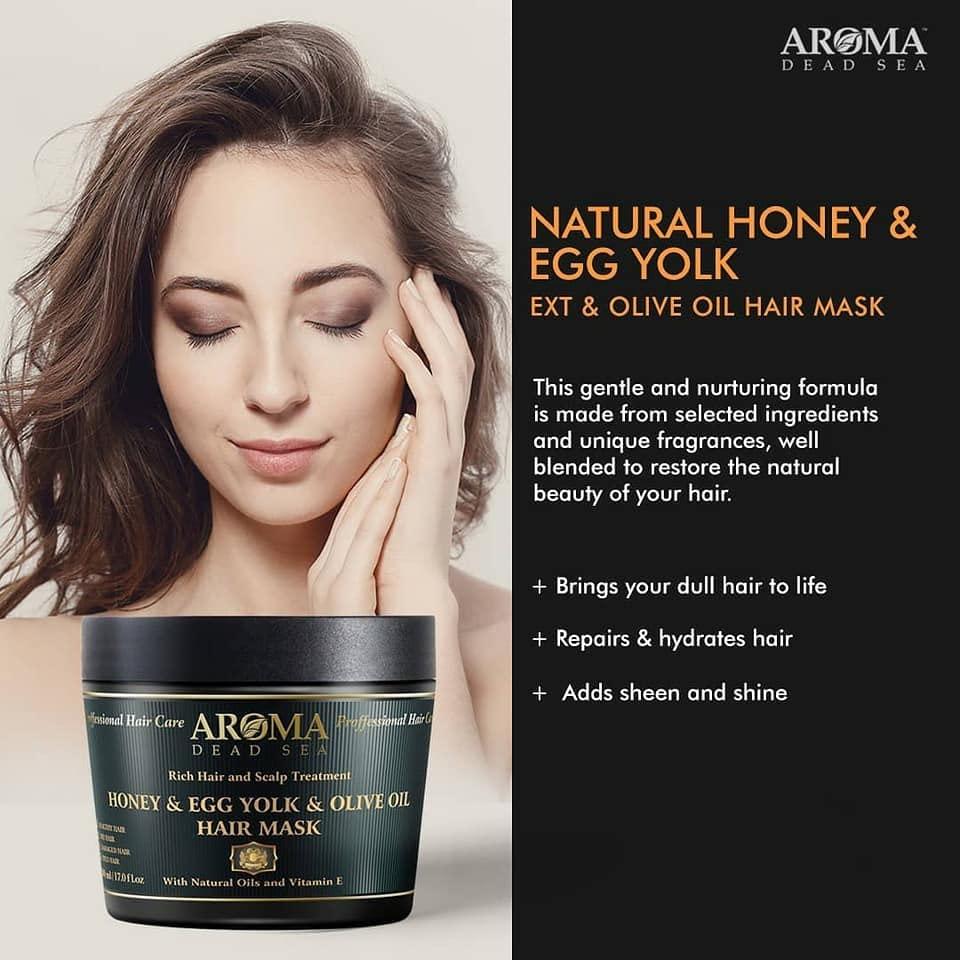 Aroma Dead Sea AROMA DEAD SEA Honey Egg Yolk & Olive Oil Hair Mask - Ultimate Dry & Damaged Hair Rescue, Intensive Conditioning Treatment Revives, Strengthens & Restores Softness, Shine & Elasticity / 16.9 fl.oz