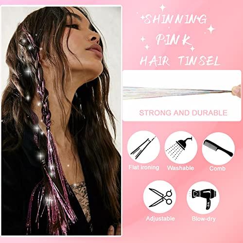 AIFIHIYI AIFIHIYI Hair Tinsel Kit with Tools 48 Inch 1200 Strands Pink Tinsel Hair Extensions Fairy Hair Tinsel Kit Heat Resistant Glitter Hair Extensions Tensile Hair Accessories for Girls Women (Pink)