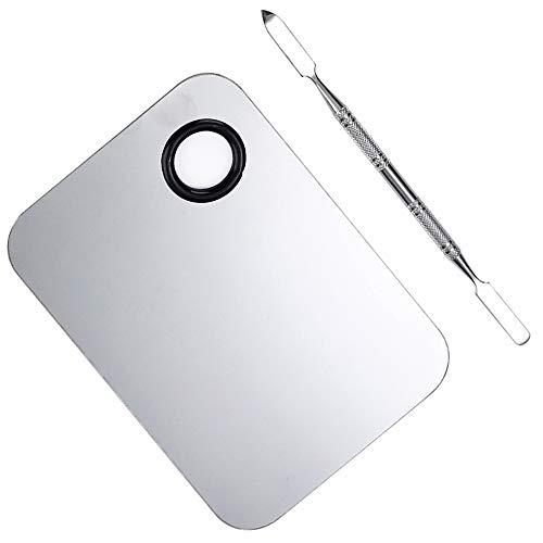 AKIRO 2 Pcs Stainless Steel Cosmetic Makeup Palette, Professional Cosmetic Mixing Makeup Palette Spatula Makeup Artist Tool, Beauty Salon Color Cream Mixing Palette With A Spatula Makeup Nail Art Palette