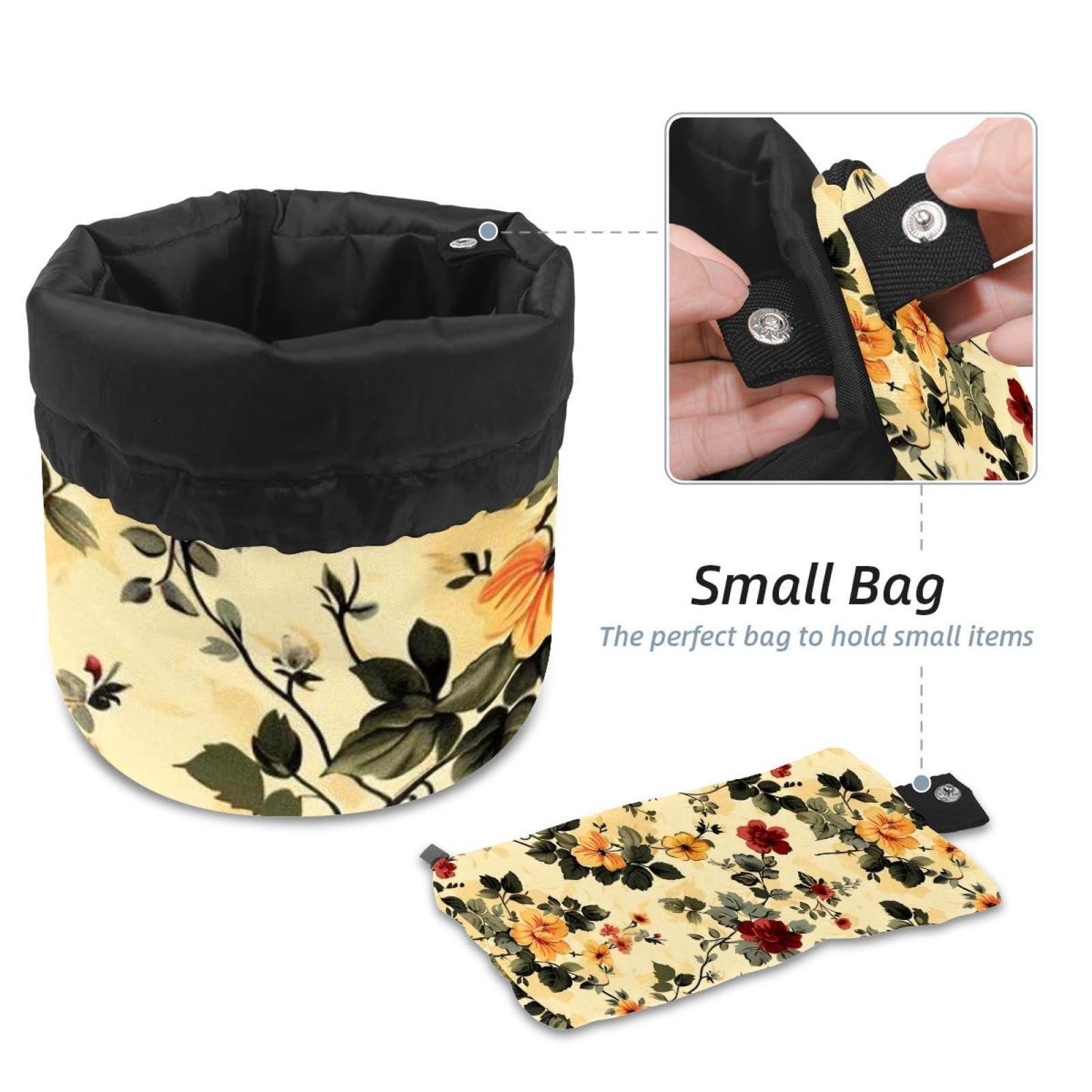 LSHDNG Drawstring Travel Cosmetic Bags Barrel Makeup Bag, Retro Small Floral Large Toiletry Organizer Waterproof for Women