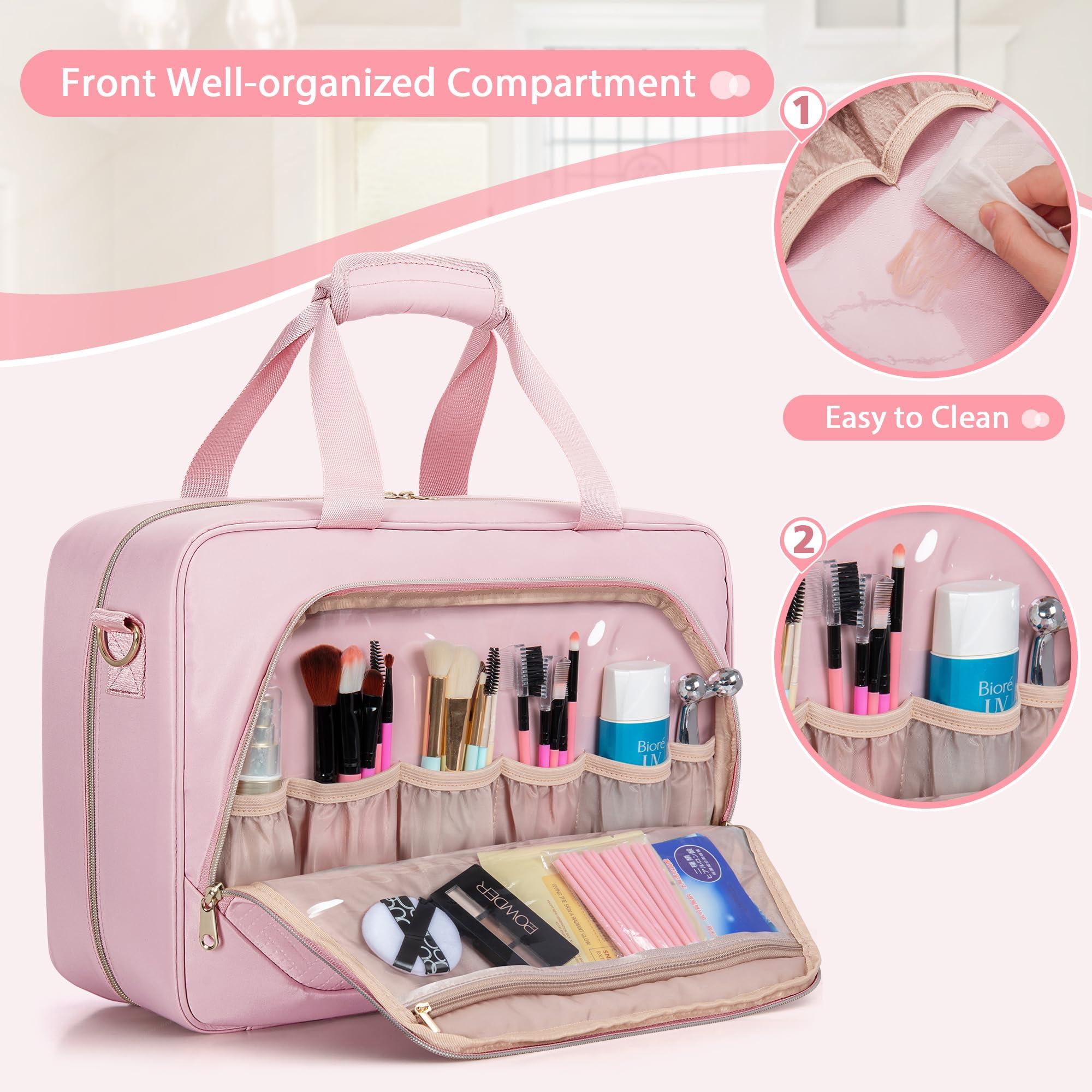 Prokva Prokva Extra Large Toiletry Bag for Women with 4 Individual Cases, Large Travel Makeup Organizer Bag with Hair Tool Pocket and Makeup Brushes Compartment, Pink