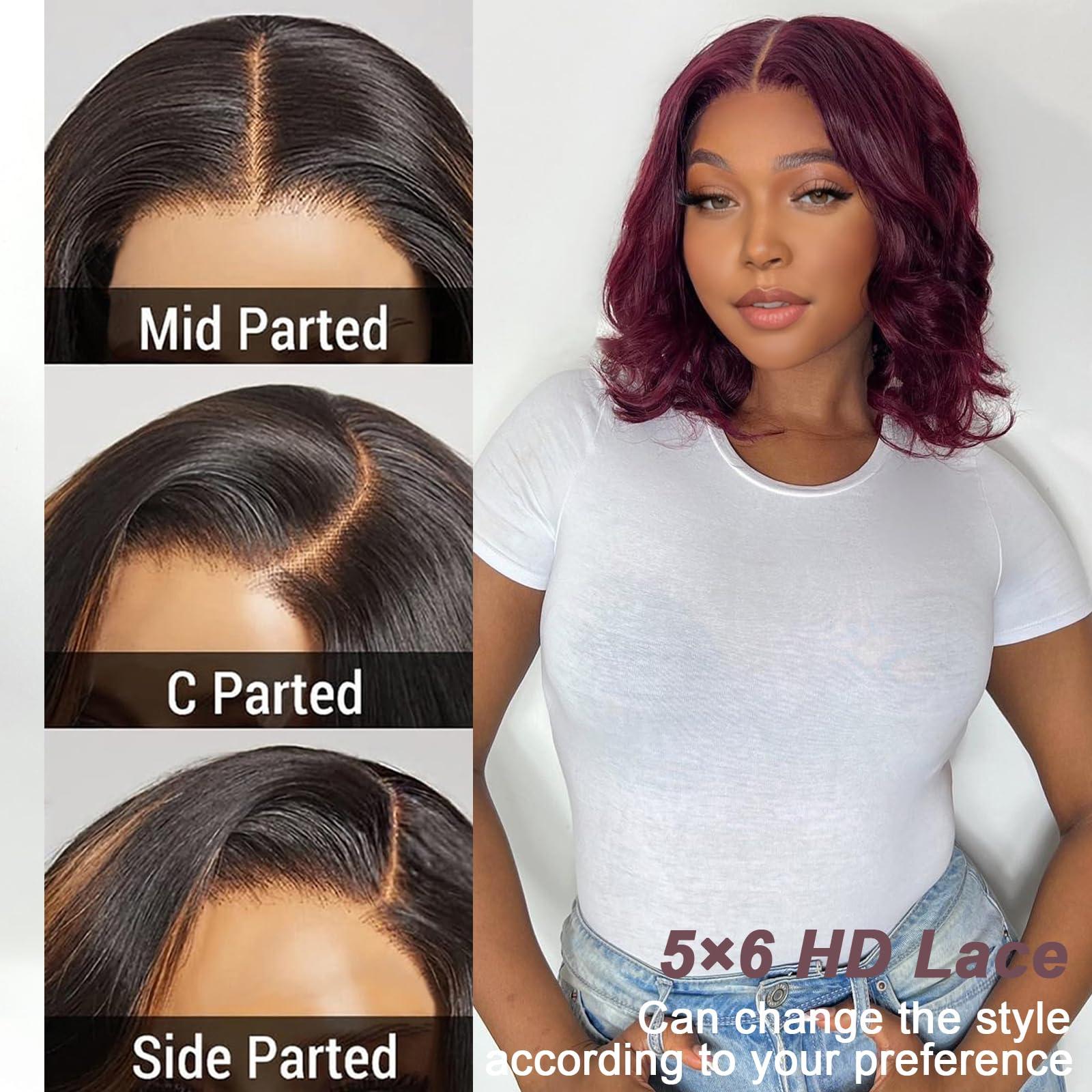 Tinashe Tinashe 99J Burgundy Bob Wig Human Hair 56 Frontal Lace Wig Human Hair Glueless Pre Plucked with Baby Hair Loose Body Bob Wigs for Black Women 180% Density Pre Cut Lace Pre Bleached Knots-12 inch