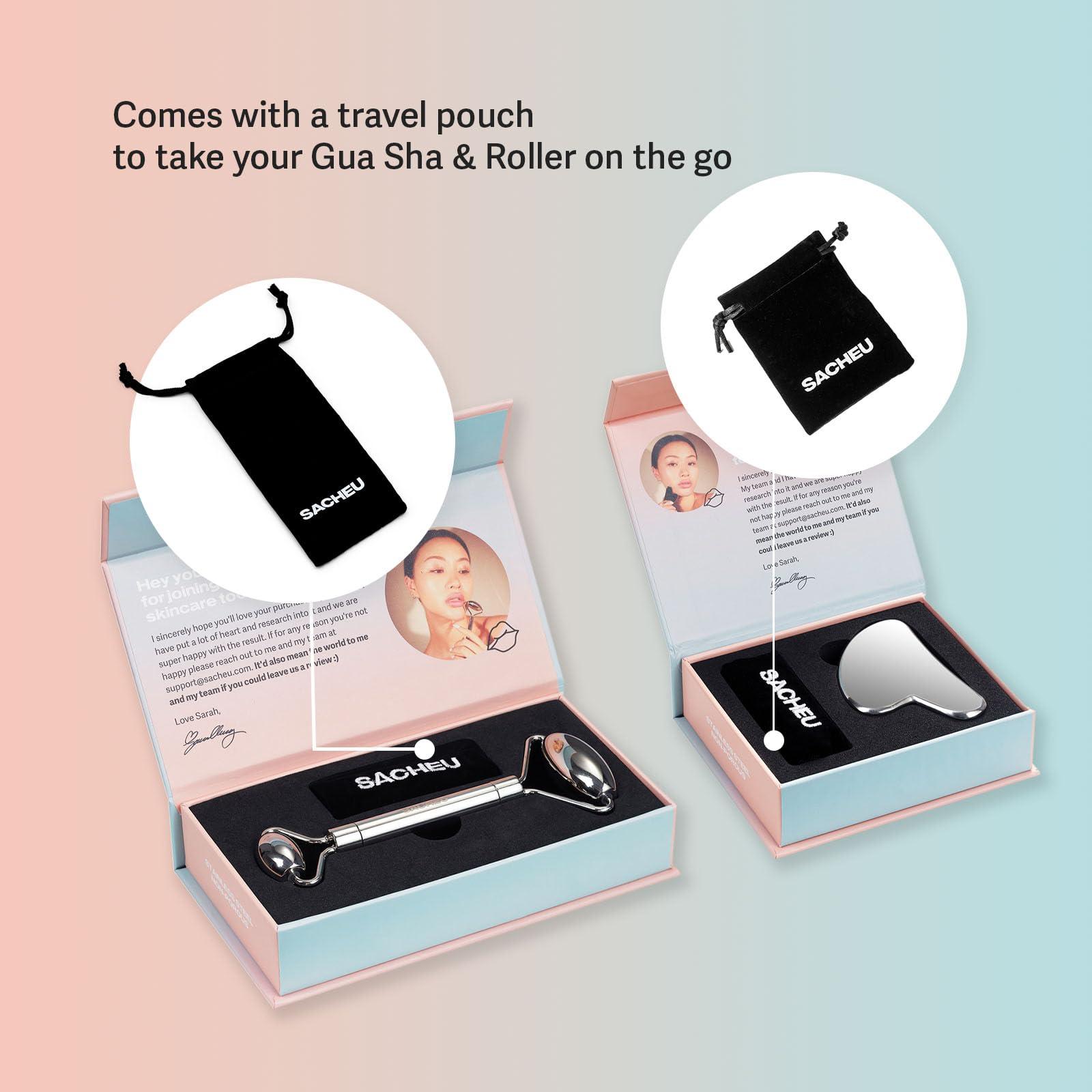 Sacheu Sacheu Stainless Steel Face Roller and Gua Sha Bundle - Metal Face Roller, Metal Gua Sha, Facial Massage Tools to Reduce Puffiness, Lymphatic Drainage, Facial Tension, Skin Care Face Massagers