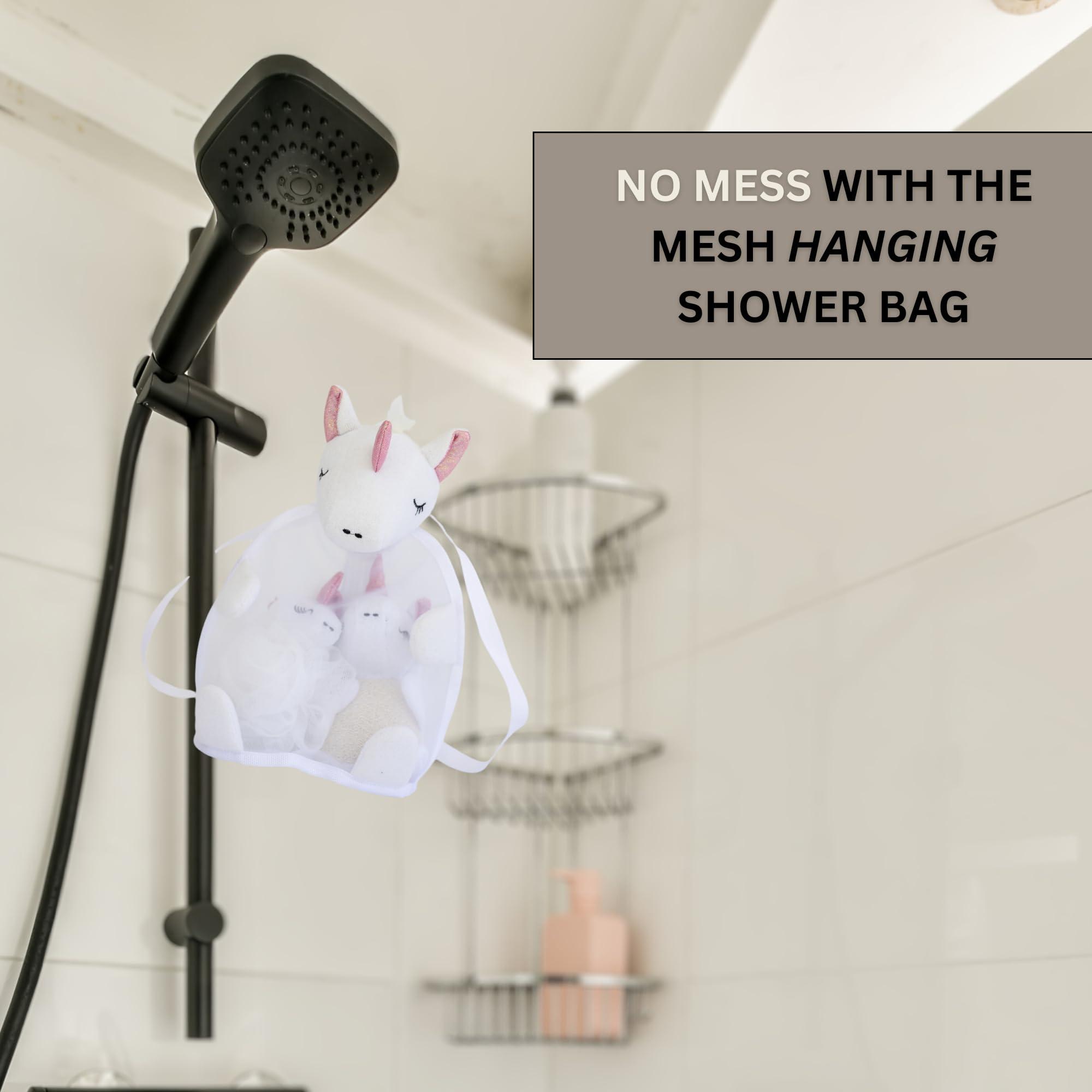 Pure Body Kids Bath Sponge Kit, White Unicorn Shaped Mesh Sponge, Facial Towel and Double Strap Bag