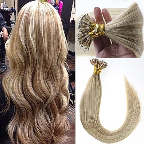 Yotty Nano Ring Hair Extensions Human Hair Keratin Cold Fusion Nano Tip Micro Nano Beads Link Thick Hair Balayage Highlight Ombre Real Remy Hair 1g/s (16inch100gr100s, P18/613 Ash Blonde Mix Light Blonde)