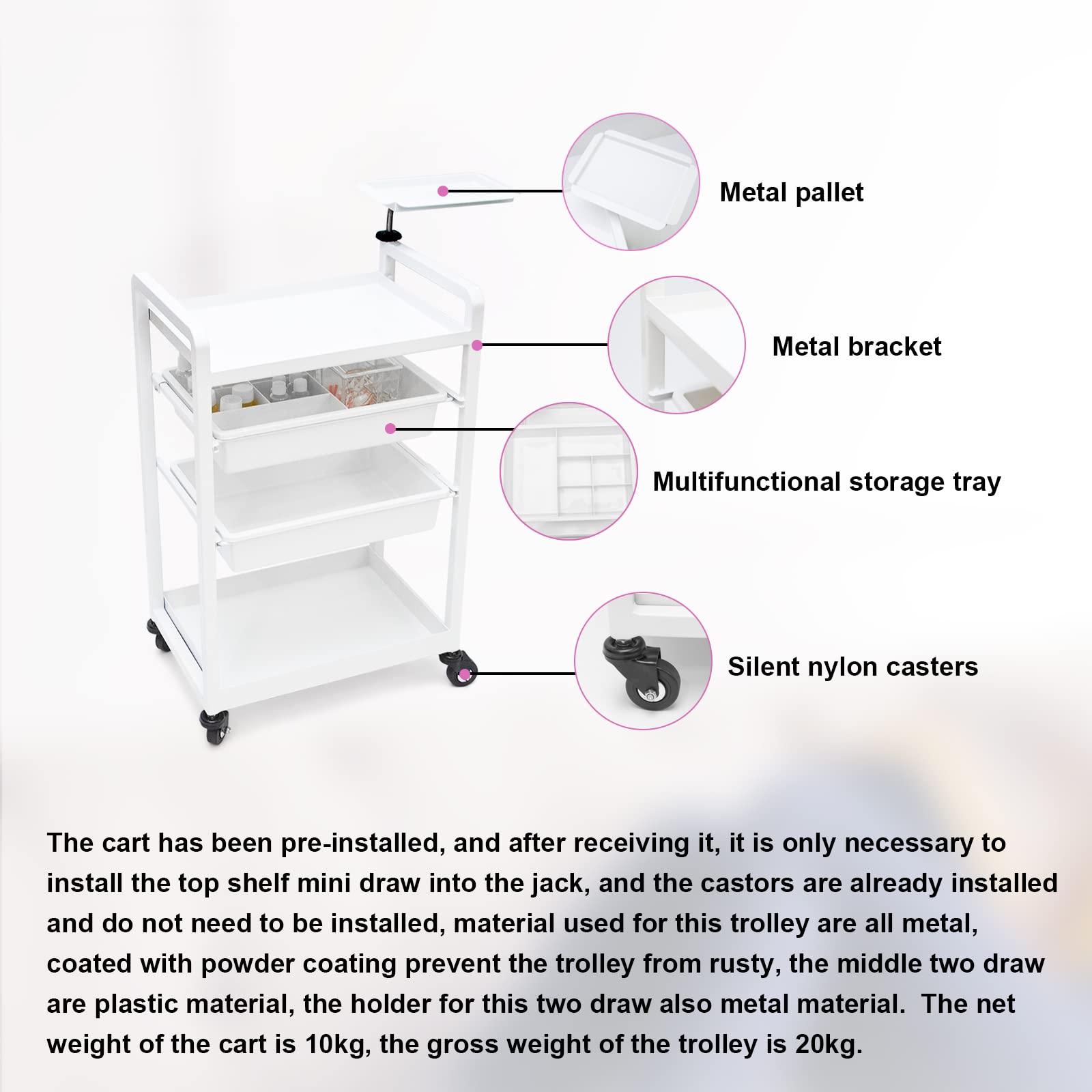 Elitzia Lash Cart Beauty Eyelashes Cart Organizer Esthetician Utility Trolley Salon Spa Rolling Trolley with Wheels Metal Storage Tray Fully Assembled 4 Drawers White Elitzia ETST19