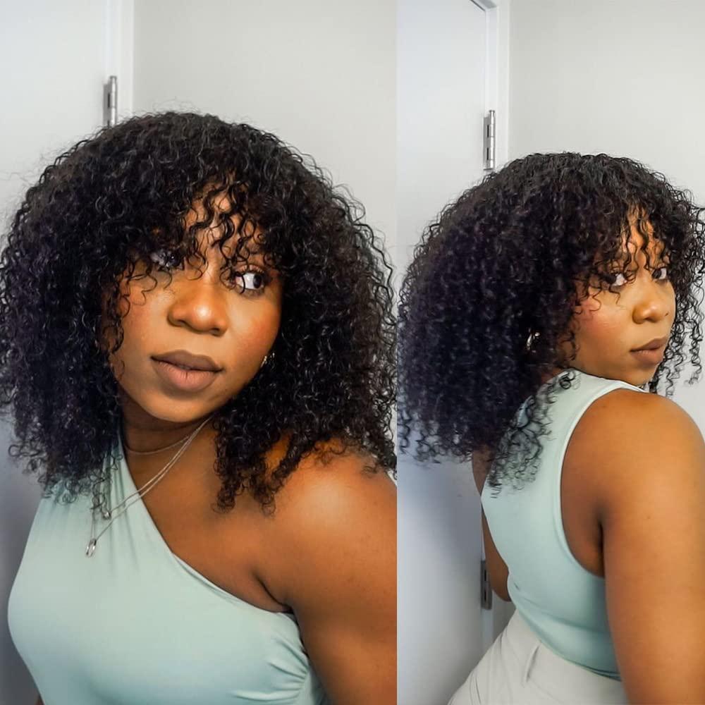 Young beauty Young beauty Curly Human Hair Wig With Bangs 100% Brazilian Human Hair Curly Wigs O Scalp Top Full Machine Made Wig for Black Women Loose Curly Wigs 180Density 20inch Natural Color