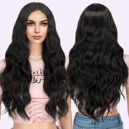 K'ryssma K'ryssma Black Synthetic Lace Front Wig Body Wave 180% Density Glueless Long Black Wig for Black Women T Part Black Wavy Synthetic Wig with Natural Hairline