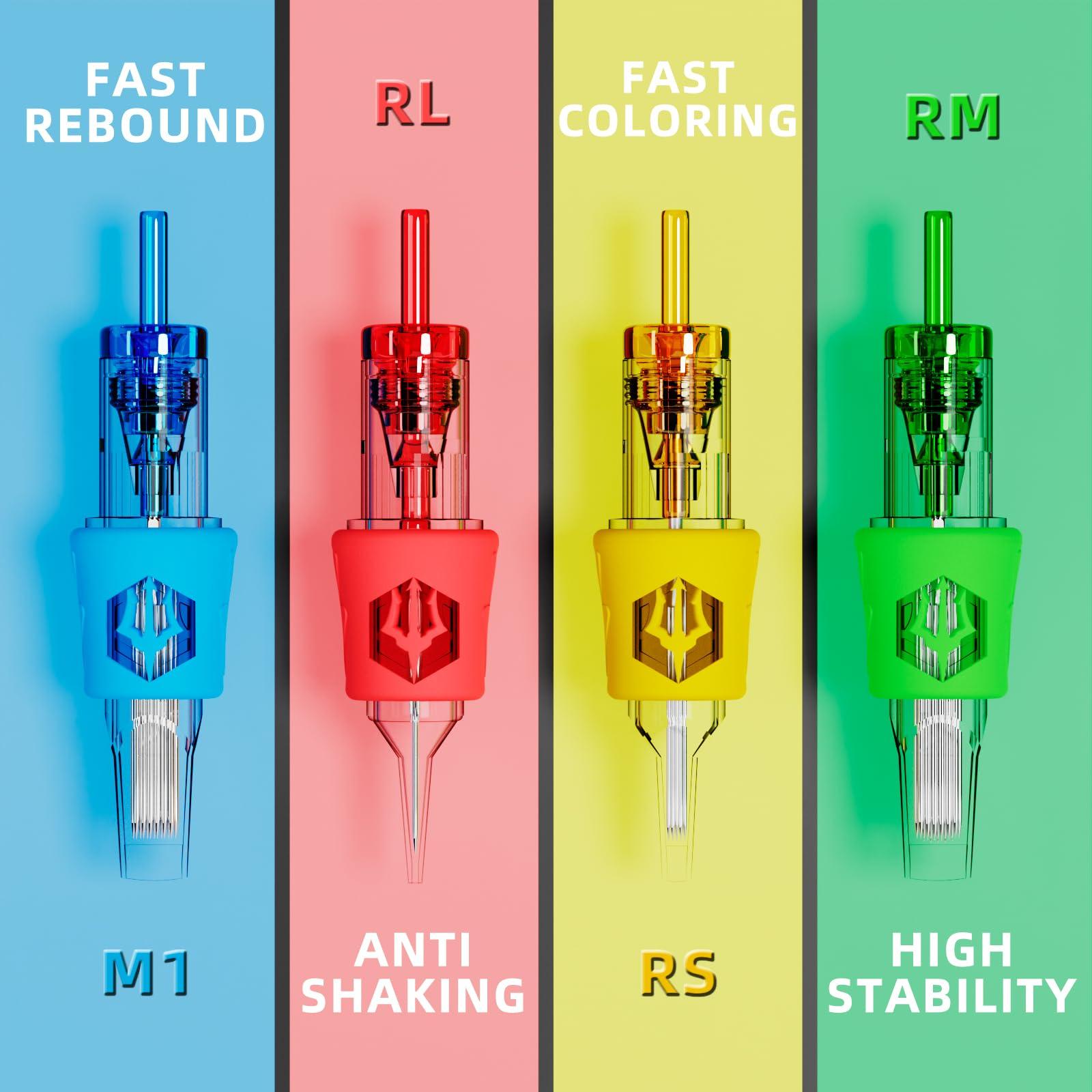 POSEIDON Poseidon 50Pcs Tattoo Cartridge Needles Assorted Mixed Size Round Liner Shader Magnum Curved/Round Mag # 12 Standard 3RL 5RL 7RL 9RL 5RS 7RS 9RS 7RM 9RM 9M1 Disposable Membrane for Tattoo Pen