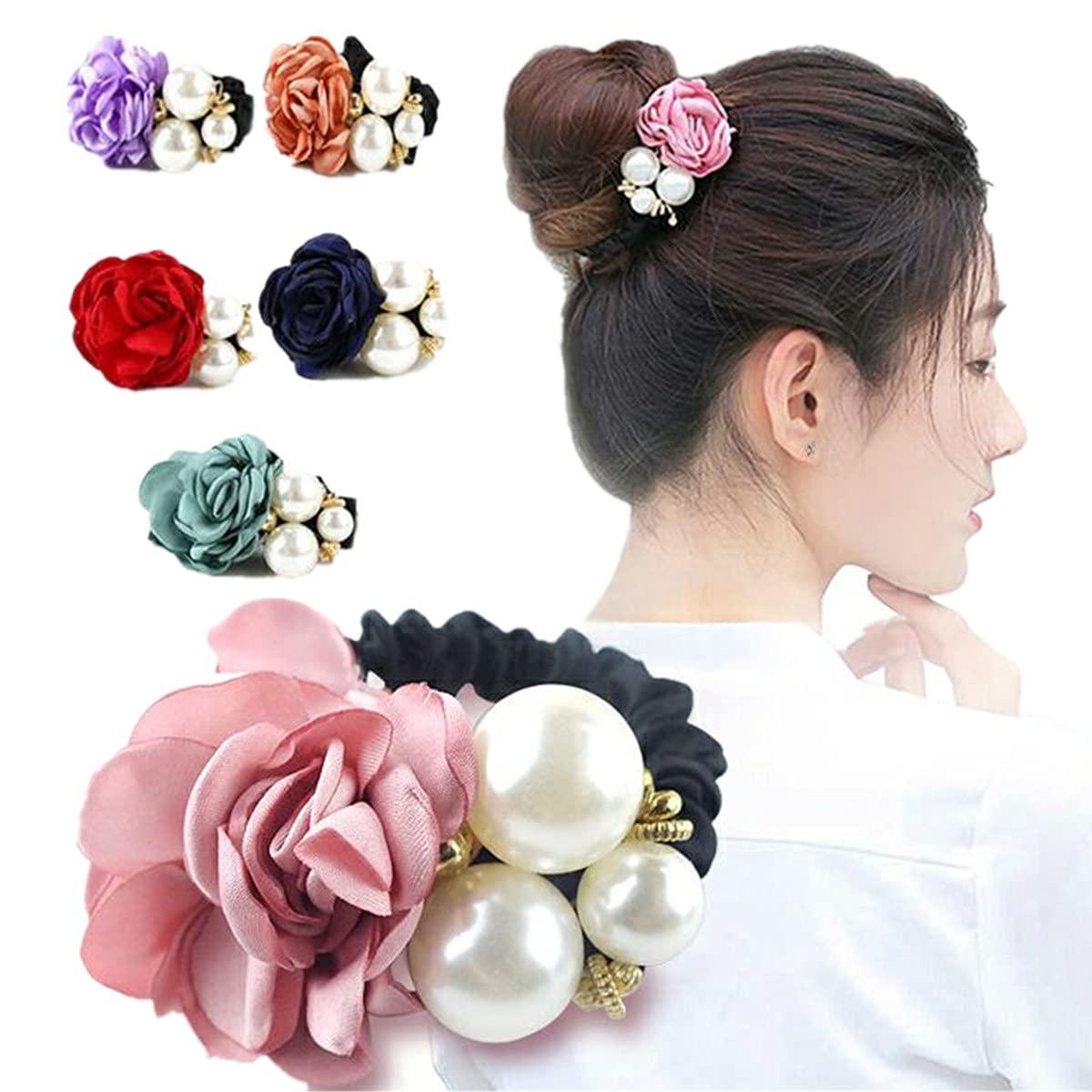 FXBLING FXBLING Fashion Flower Hair Ties Hair Rope Rhinestone Pearl Hair Tie Accessories for Women and Girls, Fashion Ponytail Holders Hair Scrunchies for Thick and Thin Hair, Pack of 4