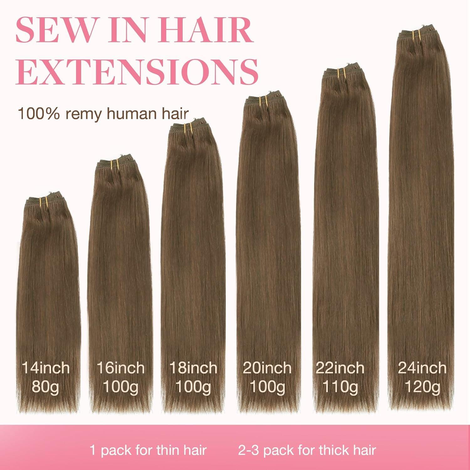 GOO GOO GOO GOO Sew in Hair Extensions Real Human Hair, Weft Hair Extensions Human Hair, 5 Light Ash Brown 22 Inch-110g, Weft Bundles Straight Silky Remy Hair