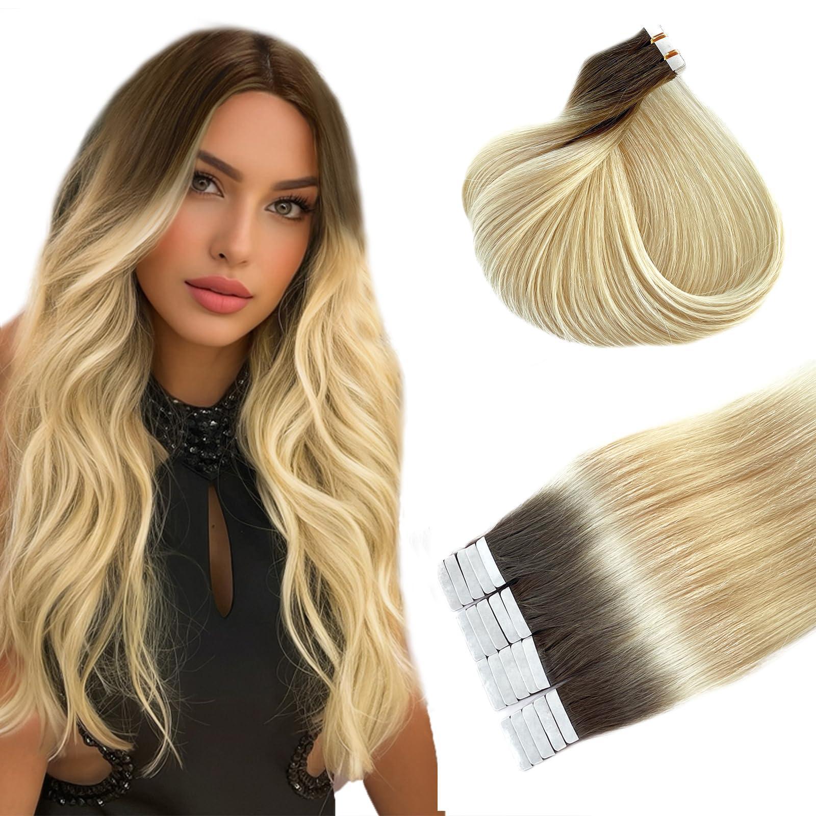 Munx Tape Ins Human Hair Extensions 22inch Omber Flax Brown to Platinum Blonde Silky Straight Brazilian Double Sided Tape in Extensions Human Hair Tape in Extensions