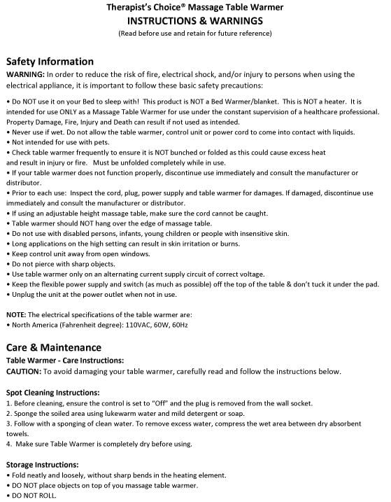 Therapist\'s Choice Therapists Choice Deluxe Fleece Massage Table Warmer, w/DETACHABLE 13 Foot Power Cord. for Use with Massage Tables Only, Do Not Use as a Bed Blanket Warmer