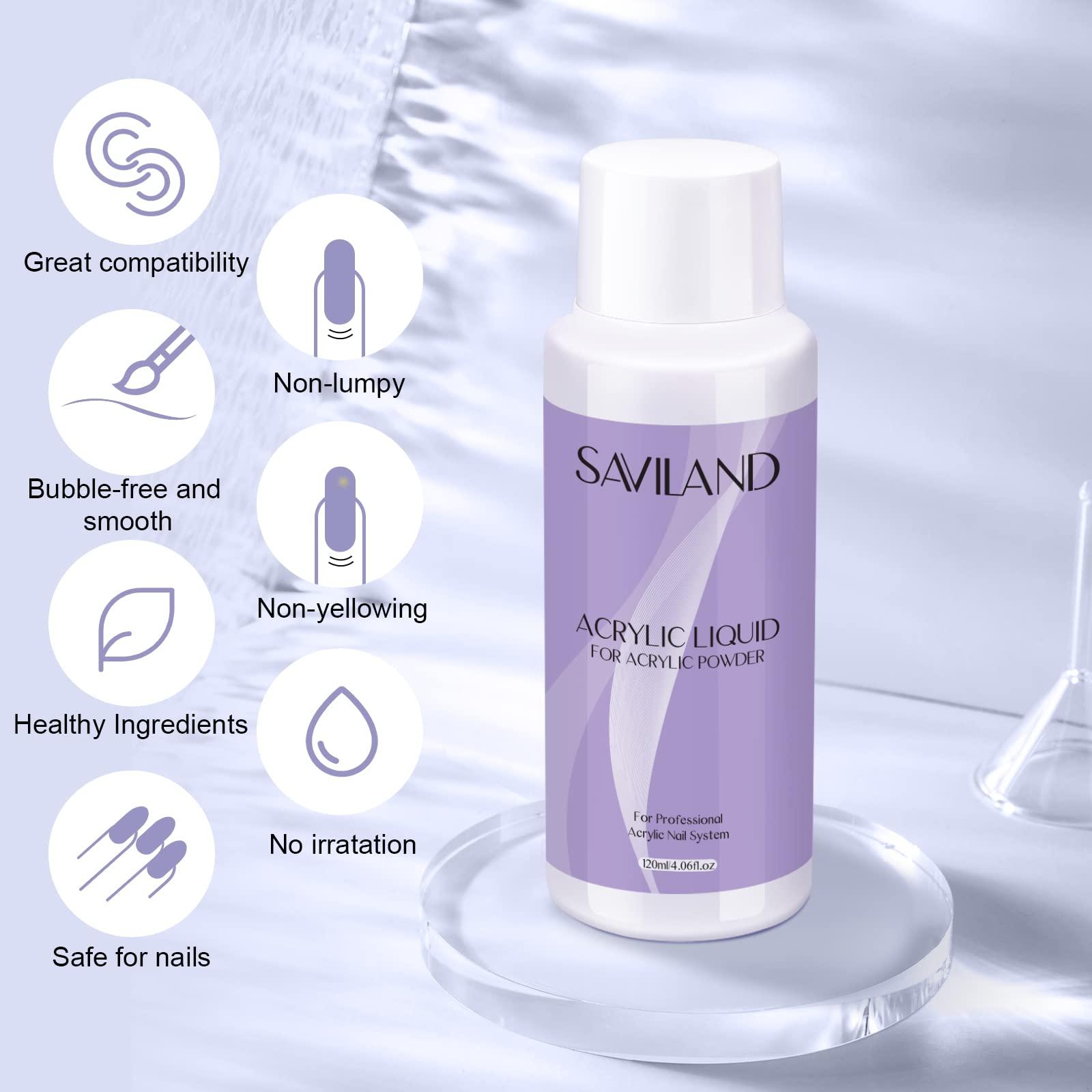SAVILAND Saviland Monomer Acrylic Nail Liquid, 4 oz Acrylic Liquid for Acrylic Powder, Professional Non-Yellowing Acrylic Monomer for Nail Extension Salon Home DIY