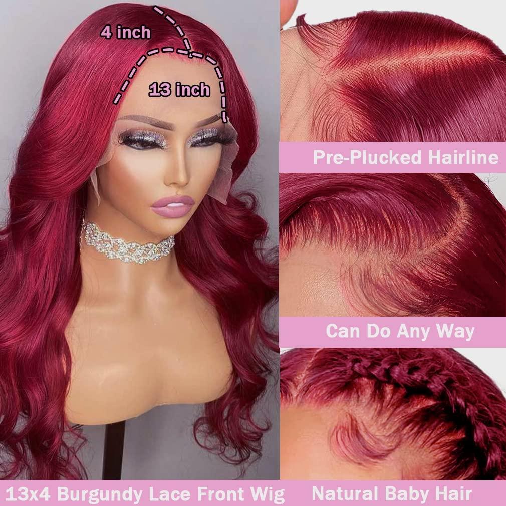 Rruaneal Rruaneal 13x4 99J Burgundy Lace Front Wigs Human Hair Pre Plucked 26Inch Burgundy Body Wave Lace Front Wigs Human Hair 180% Density Red Lace Front Wigs Human Hair