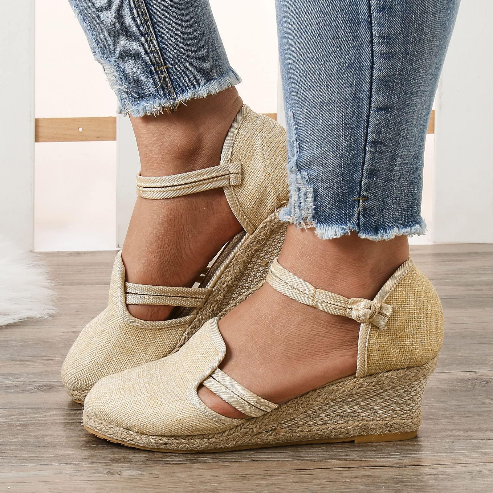 Generic Women Sandals Platform Wedge Sandals Fashion Versatile Braided Buckle Breathable Closed Toe Sandals for Women with Heel