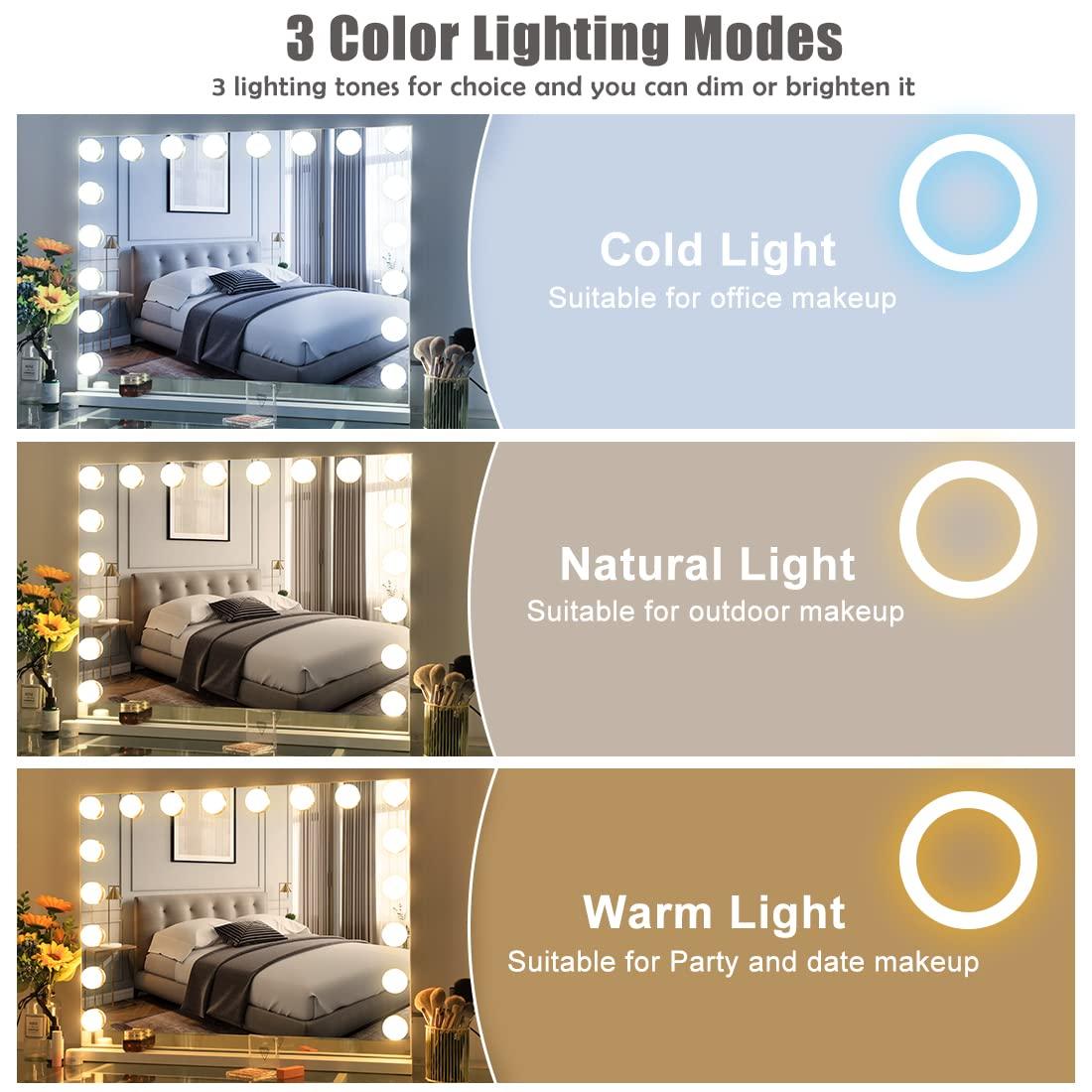 Hansong Hansong Vanity Mirror with Lights and Bluetooth Extra Large Hollywood Makeup Mirror with 18 pcs LED Bulbs Lighted Mirror with USB Charging,3 Color Lighting Modes Tabletop or Wall Mount