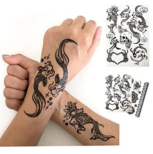 d'IRIS studio Temporary Tattoos for Adult Women - 2 Sheets - Black Big Ying and Yang Koi Fish Kanji Love Skeleton Heart Hand Skull Lotus Sleeve Adults Tattoo