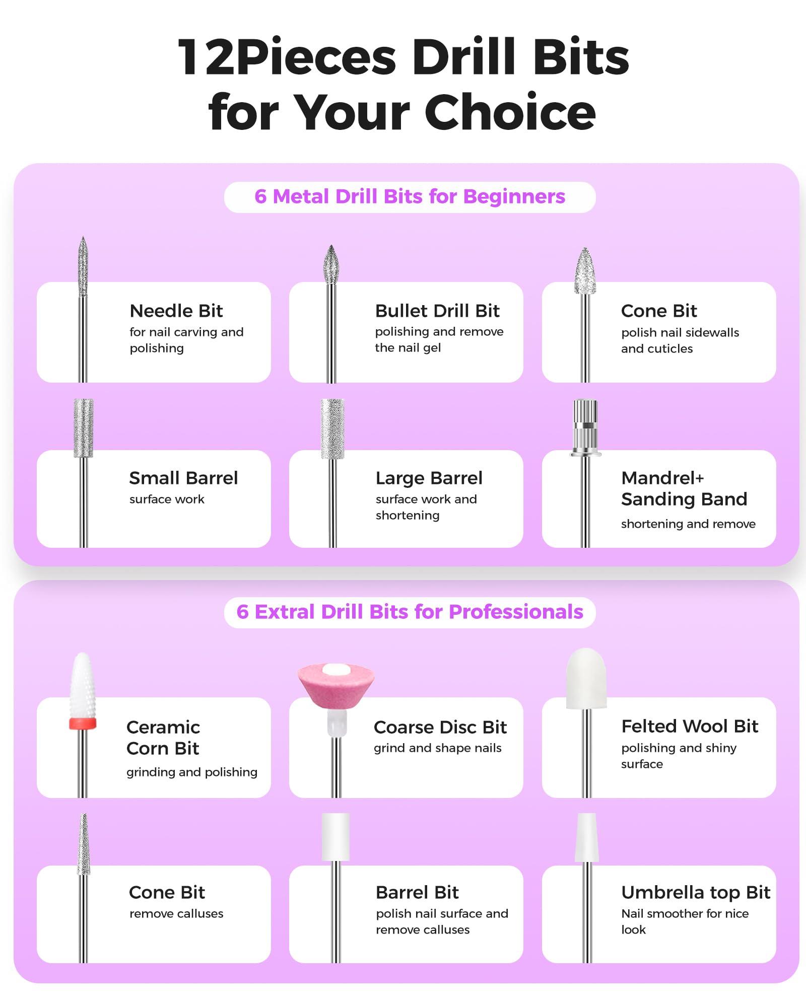 yomanta Yomanta Electric Nail Drill Professional Kit: 35,000 RPM USB Rechargeable Efile Nail Drill Nail File with 12 Bits for Polishing Gel/Acrylic Nails- Portable Manicure Tool Set for Salon/Home-Purple