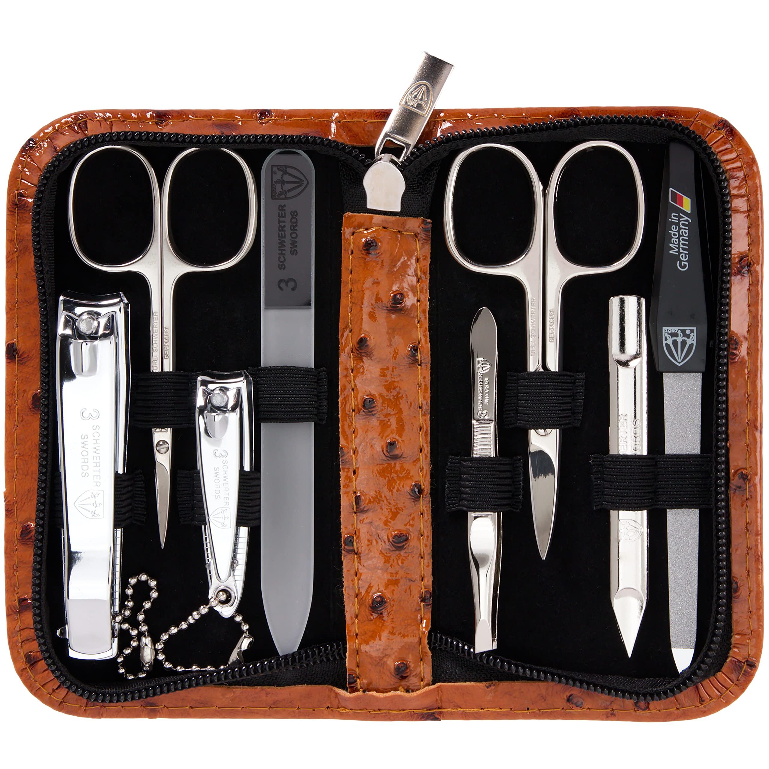 3 Swords Germany 3 Swords Germany - brand quality 8 piece manicure pedicure grooming kit set synthetic leather case ostrich cognac - Made in Germany