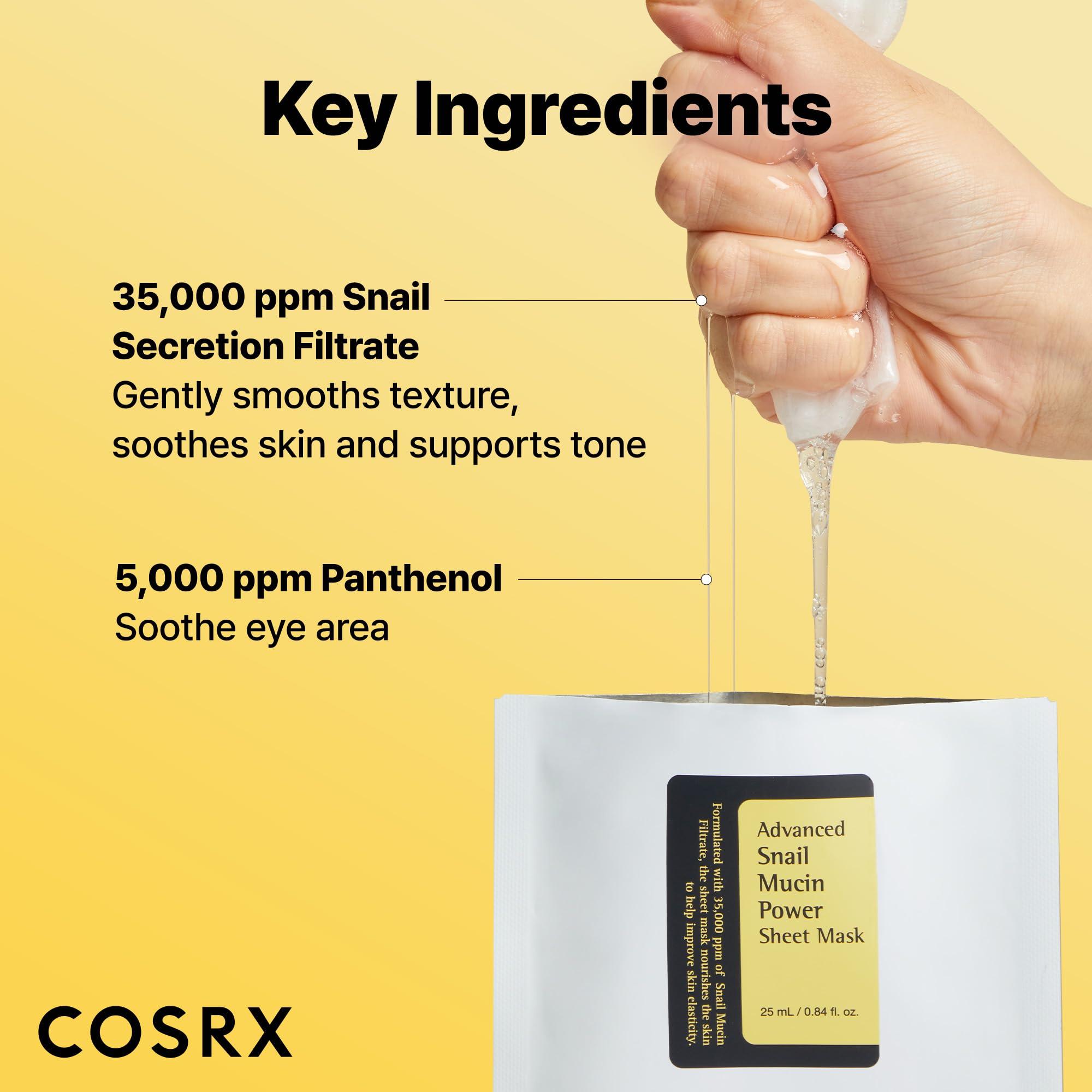 COSRX COSRX Snail Mucin Sheet Mask 10 EA with Snail Mucin Serum, Self Care, Face Masks for Dry, Sensitive Skin, Not Tested on Animals, No Parabens, No Sulfates, Korean Skin Care