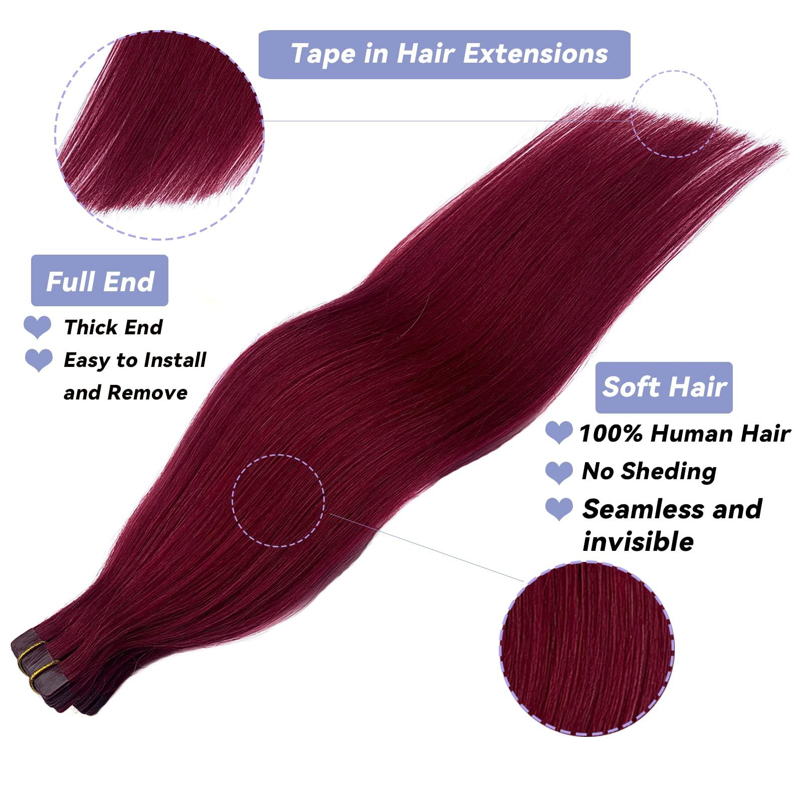 Smavida Dark Wine Human Hair Extensions 22" Long Straight Burgundy Tape in Extensions 60grams 20pcs Silky Tape Remy Hair Extensions, Color #99J
