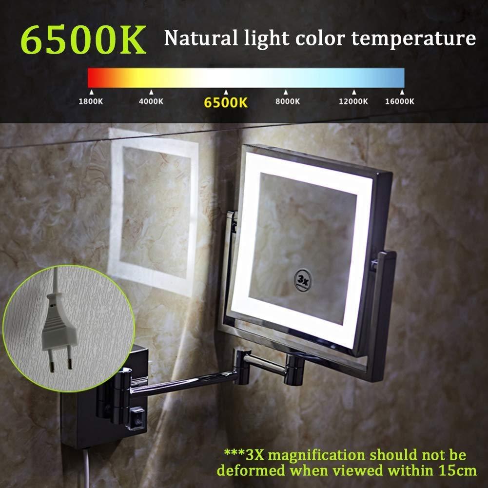 VVQQFGXN VVQQFGXN Wall-Mounted Makeup Mirror Shaving Mirror for Hotel Vanity Adjustable Extendable Square 7.9inch 3X Magnifying