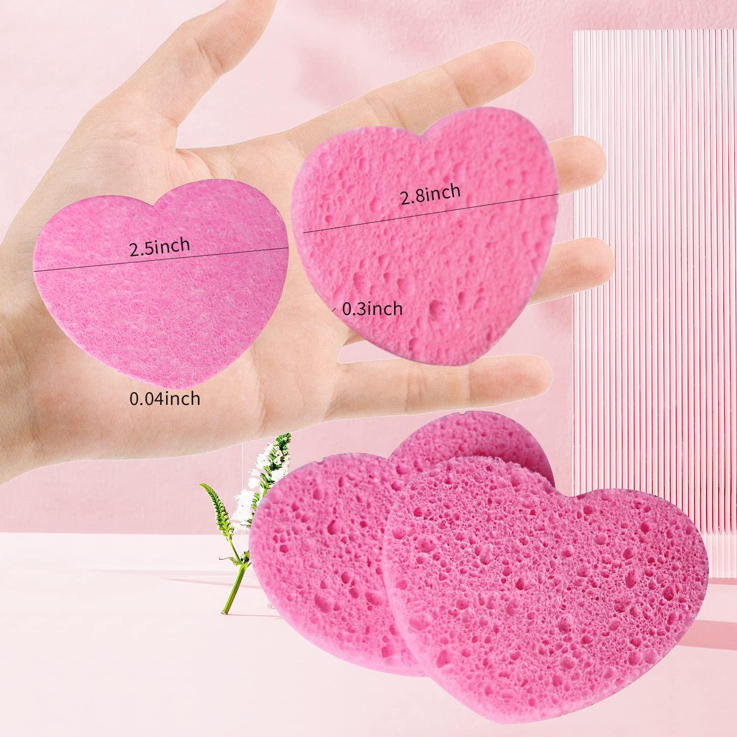 Spunspon 50 - Count Little Heart Cellulose Facial Sponges + 8pcs Wet and Dry Dual-use Makeup Puff, Pink