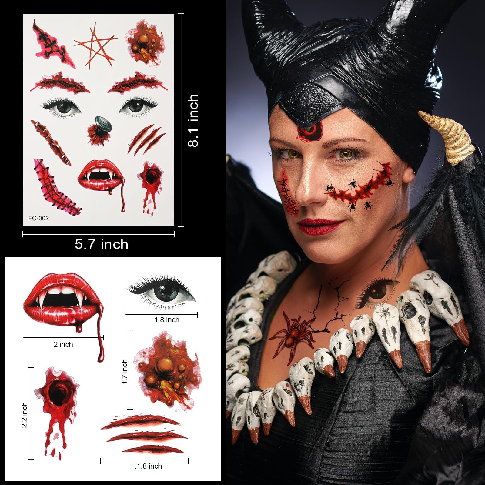 toututu toututu Halloween Horror Makeup Fake Scars Temporary Tattoos - 118 Pcs Realistic Bloody Stitches Wound Tattoo Stickers for Face & Body, Zombie, Chucky, Vampire Cosplay, Pranks & Masquerade Parties