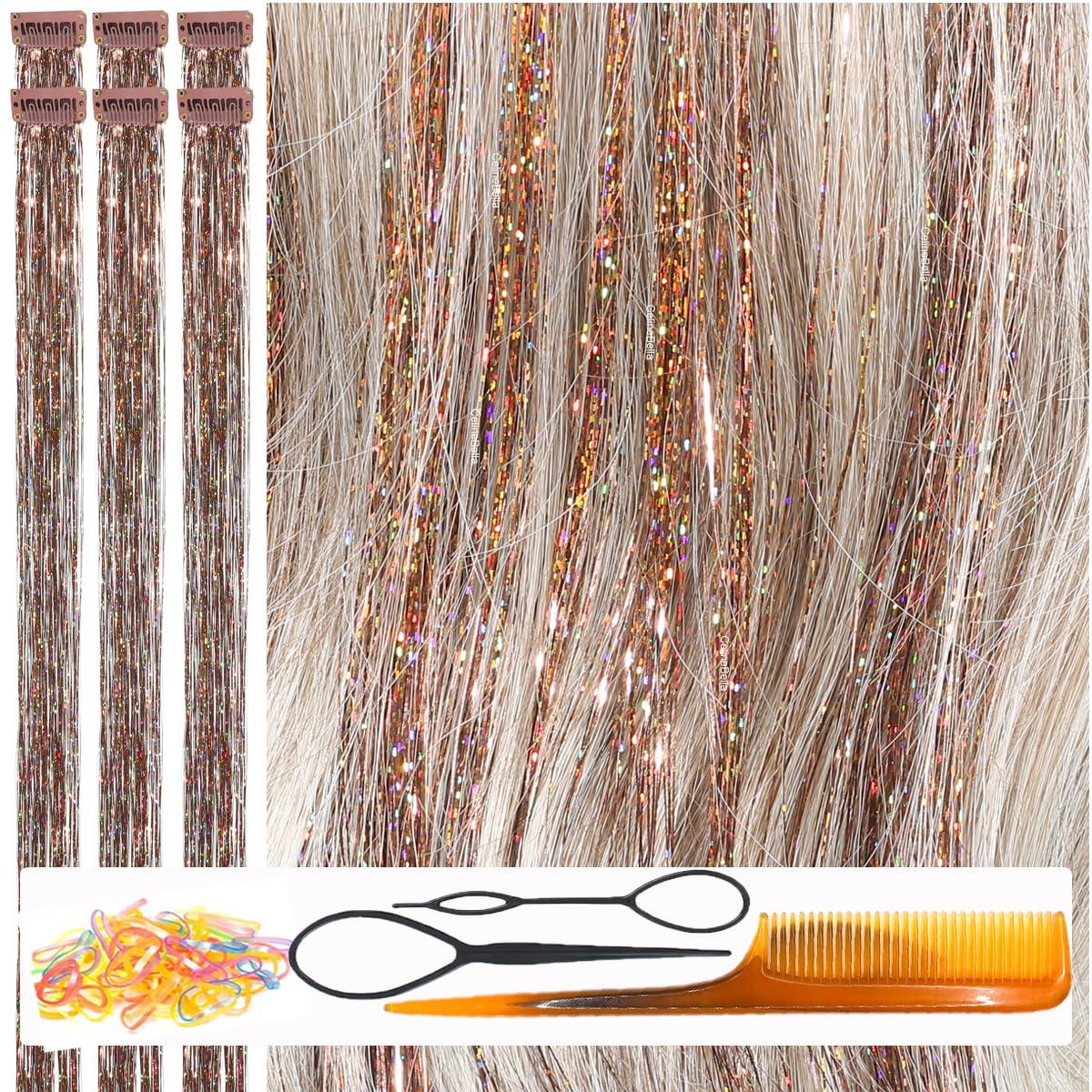 CelineBella CelineBella Coffee Brown Hair Tinsel Clip in for Cosplay Party Festivals(24 Inch Pack of 6Pcs, Coffee)