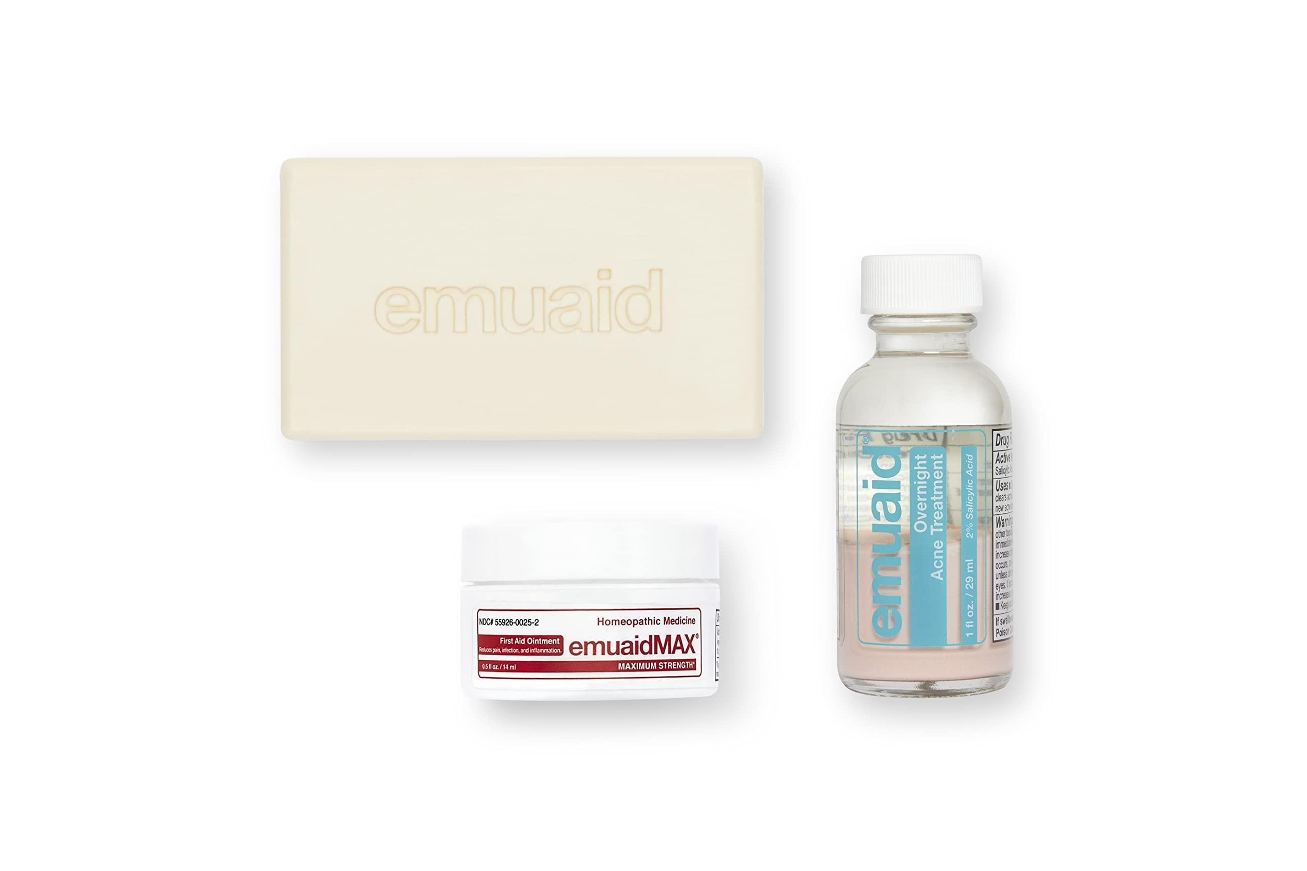 emuaid EMUAID Acne Erasing Trio, Therapeutic Moisture Bar, Overnight Acne Treatment, and EMUAIDMAX First Aid Ointment, Calms Cystic Acne, Reduces Acne Scars, Spots, and Blackheads Overnight