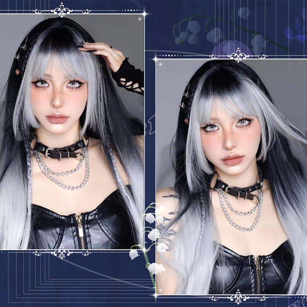 SCORRO SCORRO Hime Cut Split Dye Wig Long Straight Wig with Highlight Bangs, Black Gradient Red Wig, Pink and Black, Purple Black, Gothic Style Y2k Party Wig Lolita Daily Wigs (silver and black)