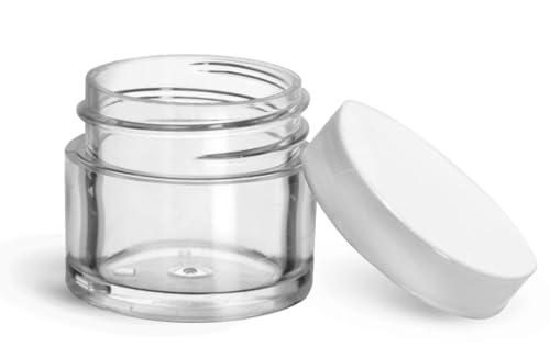 SKS Bottle & Packaging, Inc. 144 Count Empty Plastic Jars with Lids, 1/4 oz Clear Styrene Thick Wall Jars with Lined White Plastic Caps, Small Plastic Jars for Beauty Products, Cosmetics, Lip Balm, Creams, Skin Care, Crafts