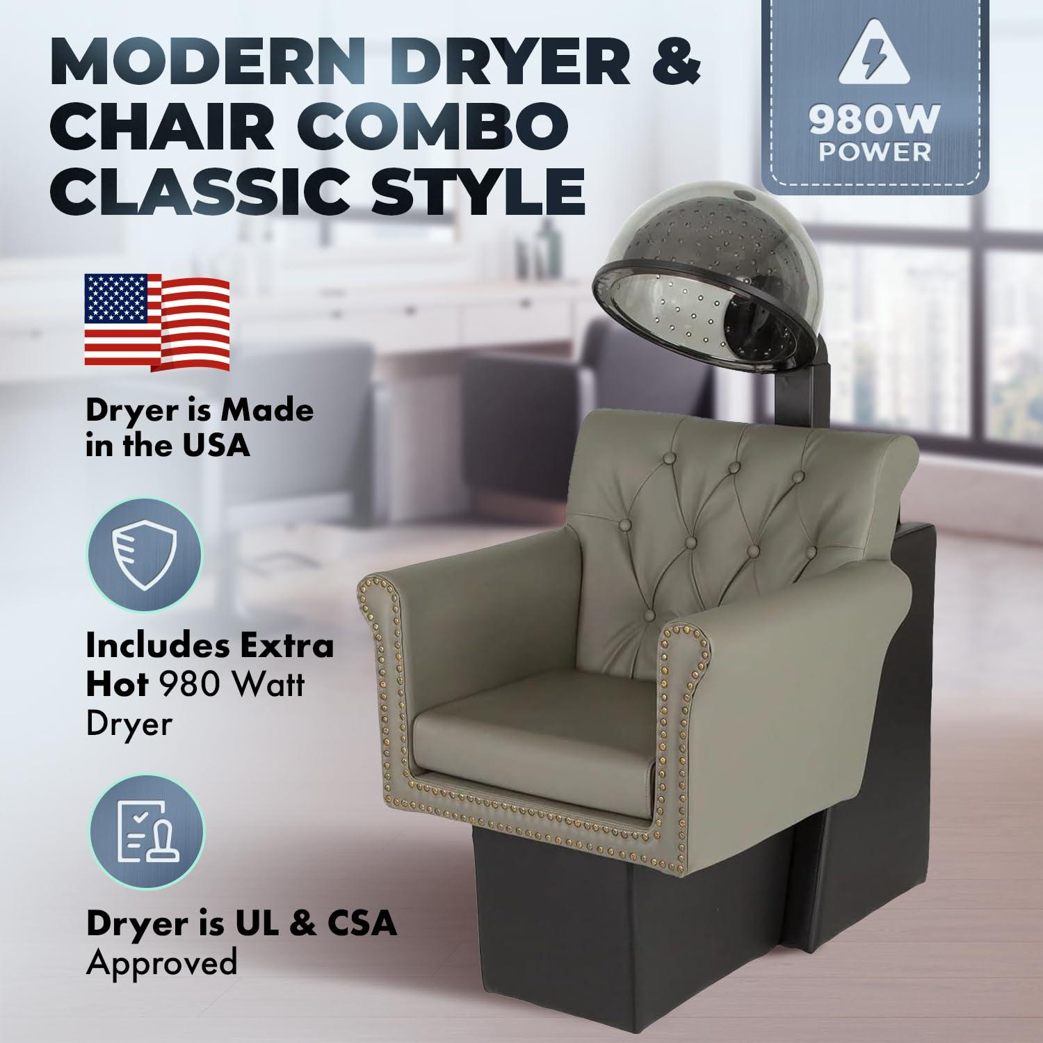 Buy-Rite Salon & Spa Equipment Buy-Rite Chelsea Professional Hair Dryer Chair Combo, Commercial Salon Dryer with 980 Watt Hood, Extra Wide Tufted Chair, Brass Nailhead Trim, NIN-9902DC&HL-1500-GRY (Gray)