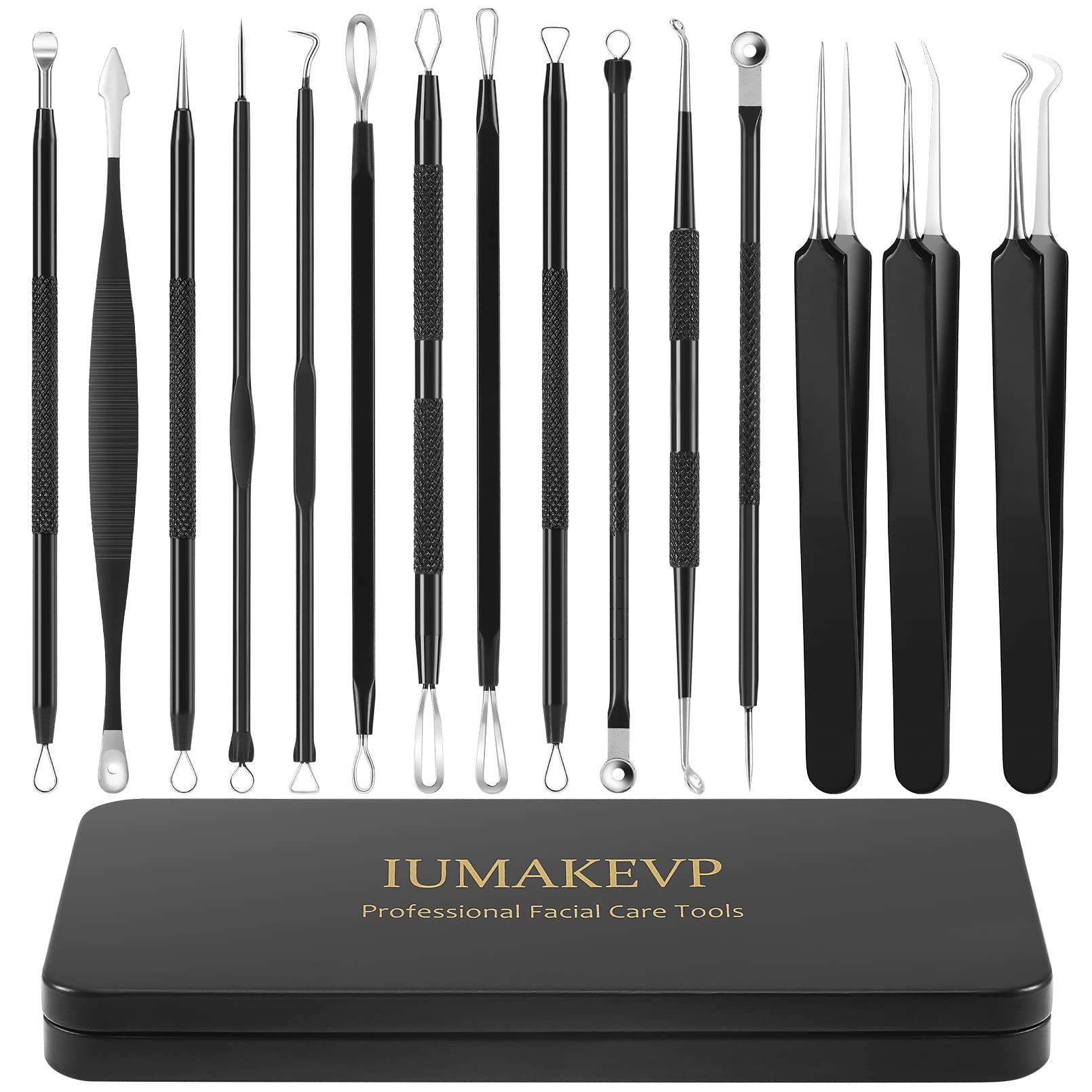 IUMAKEVP Pimple Popper Tool Kit, IUMAKEVP 15 PCS Professional Stainless Steel Blackhead Remover Comedone Extractor Tools for Removing Pimples, Blackheads, Zit on Face - Acne Removal Kit with Metal Case (Black)