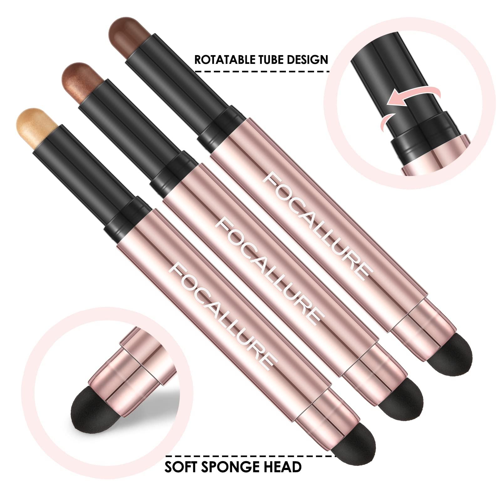 FOCALLURE FOCALLURE 3 Pcs No Crease Eyeshadow Sticks,Shimmer & Matte Eye Shadow Crayon with Blending Brush,Smooth Cream Highlighter Pen,Long Lasting Eyeshadow Brightener Stick Makeup,the West Coast