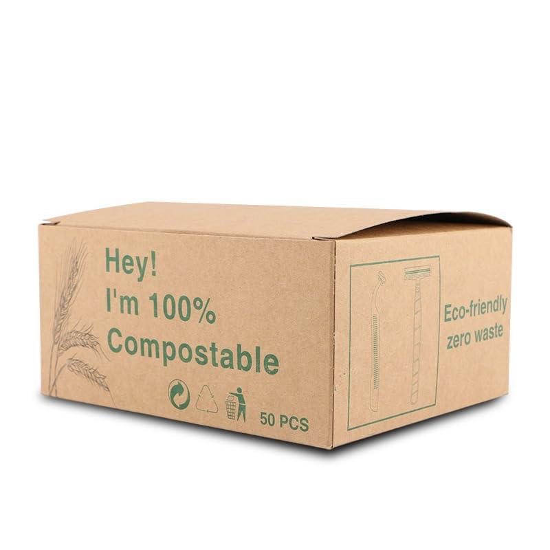 PaReks 50 Pcs Environmentally Friendly Razors - Disposable Recycled Material Men\'s and Women\'s Razors - Double Blades, Biodegradable Wheat Straw