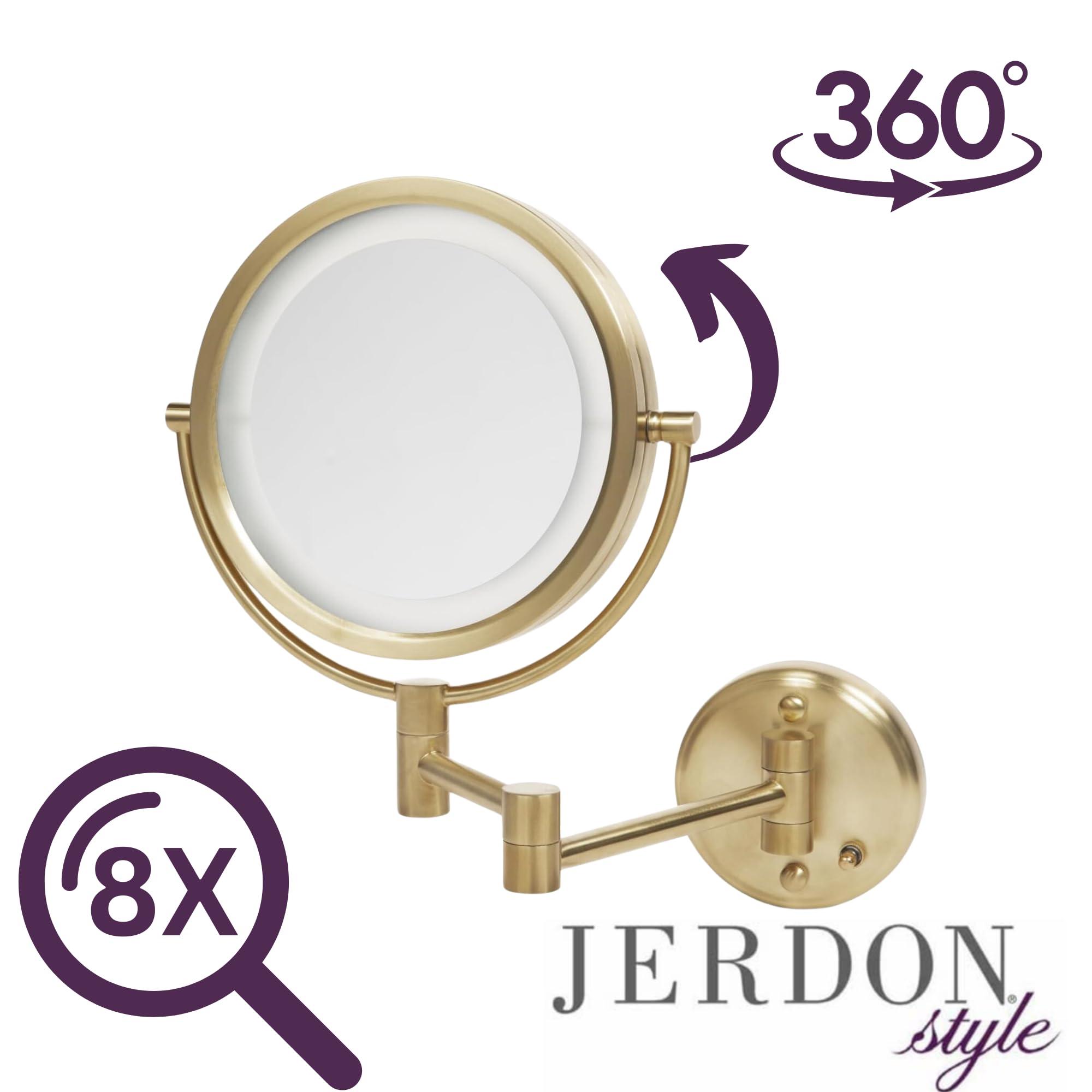JERDON JERDON Wall-Mounted Makeup Mirror with Lights - Direct-Wired Lighted Makeup Mirror with 8X Magnification & Gold Finish - Model HL88BGLD