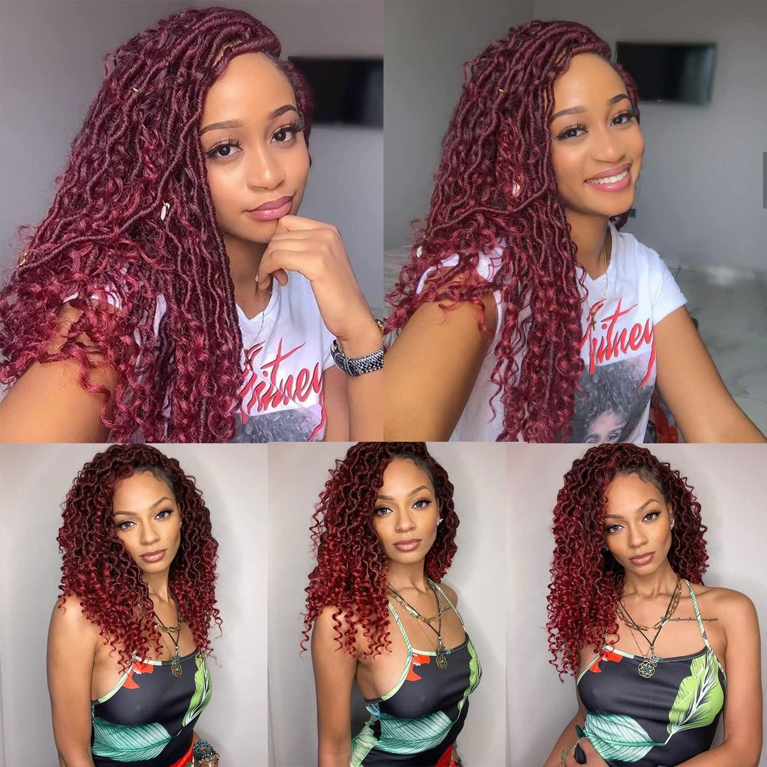 MURAMURA HAIR MURAMURA HAIR Goddess Faux Locs Wigs for Black Women 18Inch Full Lace Curly Synthetic Wigs with Baby Hair Bohemia Locs Twist Crochet Curls Braid Braided Wig(Ombre Red