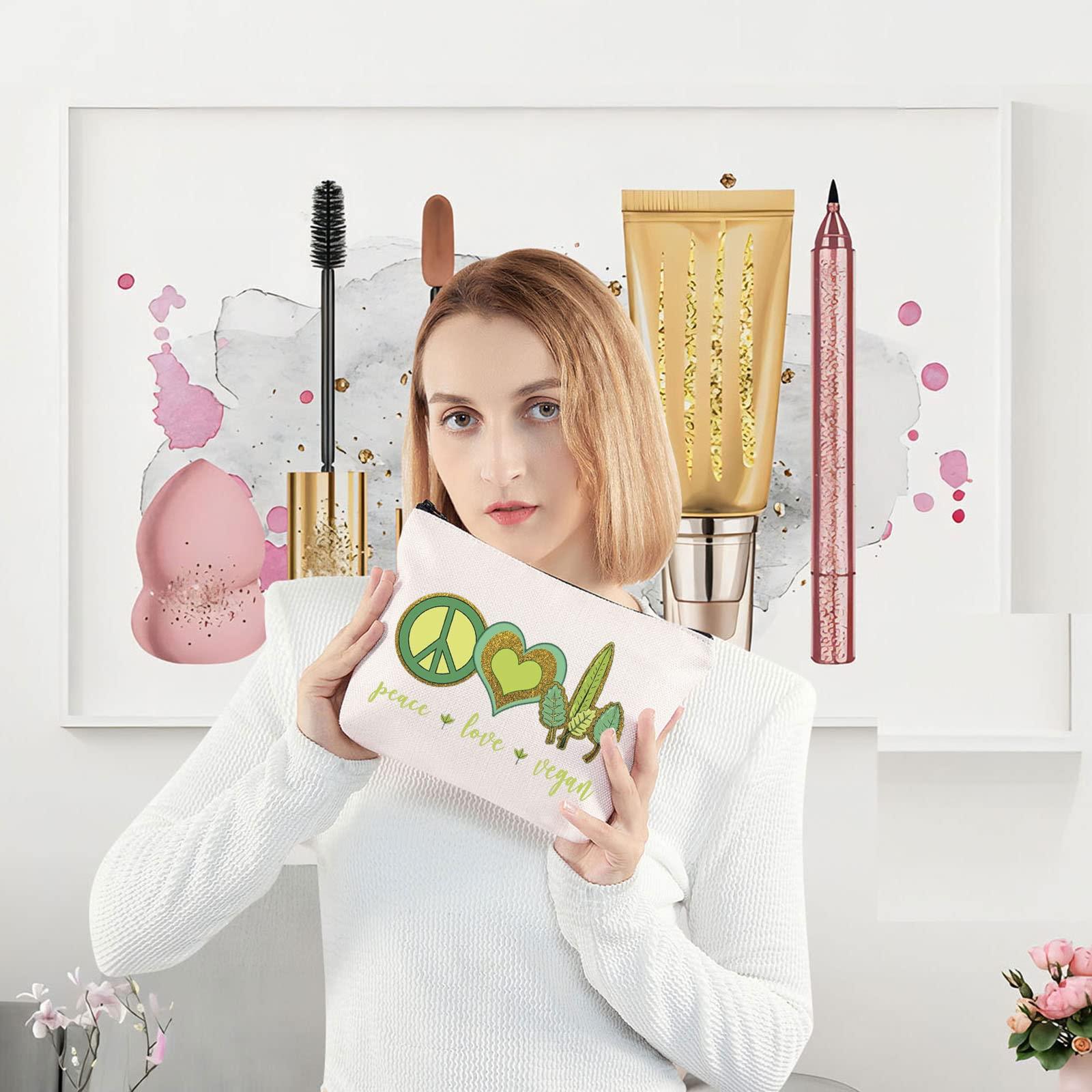LEVLO LEVLO Funny Vegetarian Cosmetic Bag Vegan Gift Peace Love Vegan Makeup Zipper Pouch Bag Herbivore Veg Symbol Make Up Bag (Peace Love Vegan)