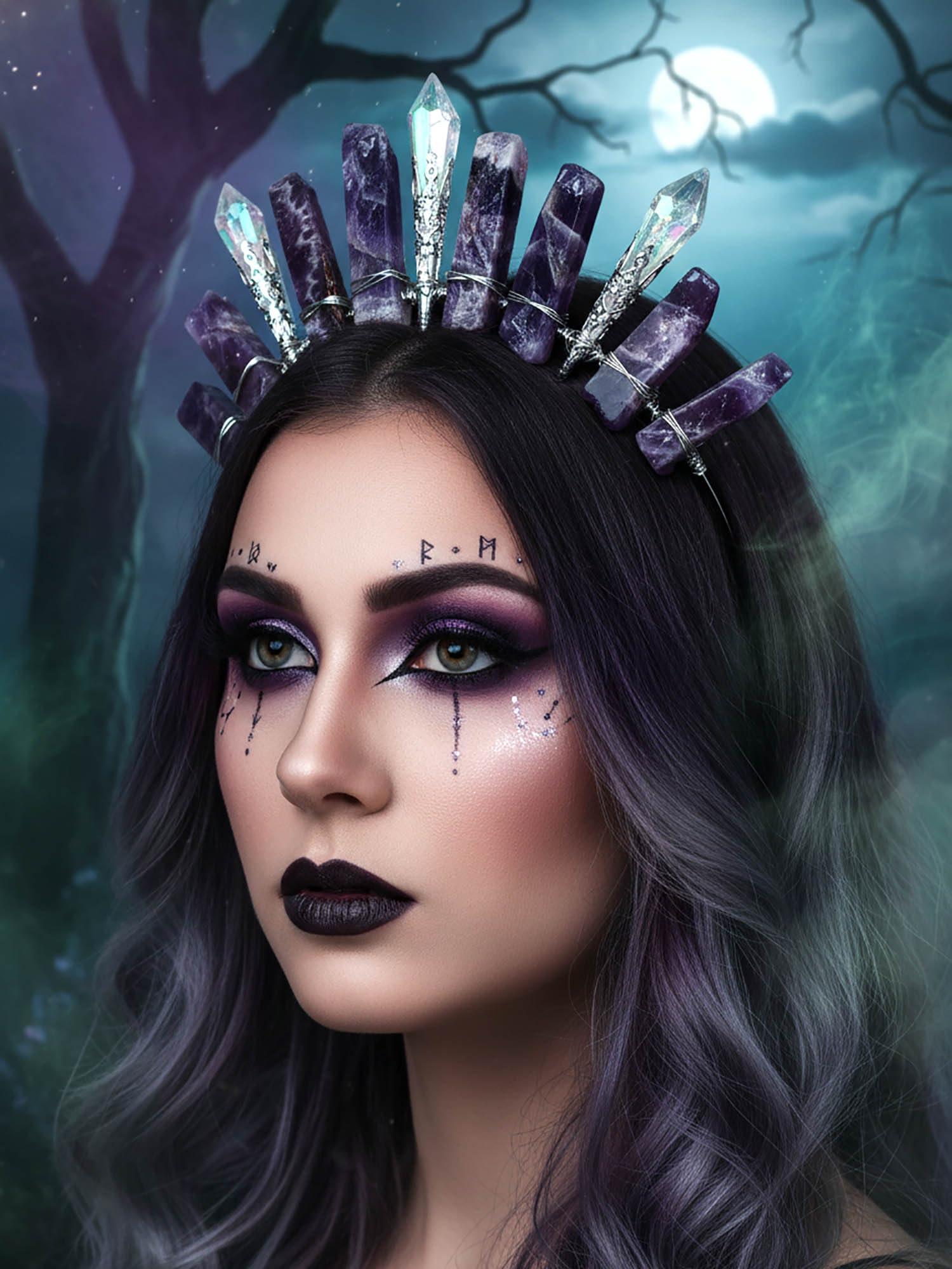 Formery Formery Purple Raw Crystal Crown Silver Amethyst Pendulum Quartz Headband Handmade Natural Stone Headpiece Hair Accessories for Women