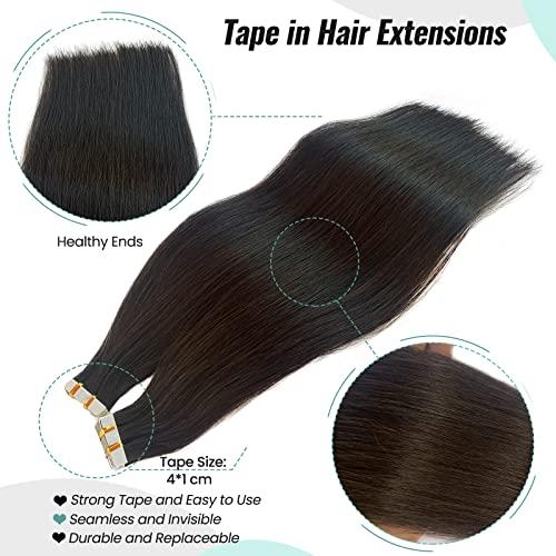 Licoville Dark Brown Tape in Extensions 14 Inch Real Human Hair 50g 20pcs Brown Tape in Hair Extensions Human Hair Double Drawn Straight Brown Hair Extensions Tape ins for Women