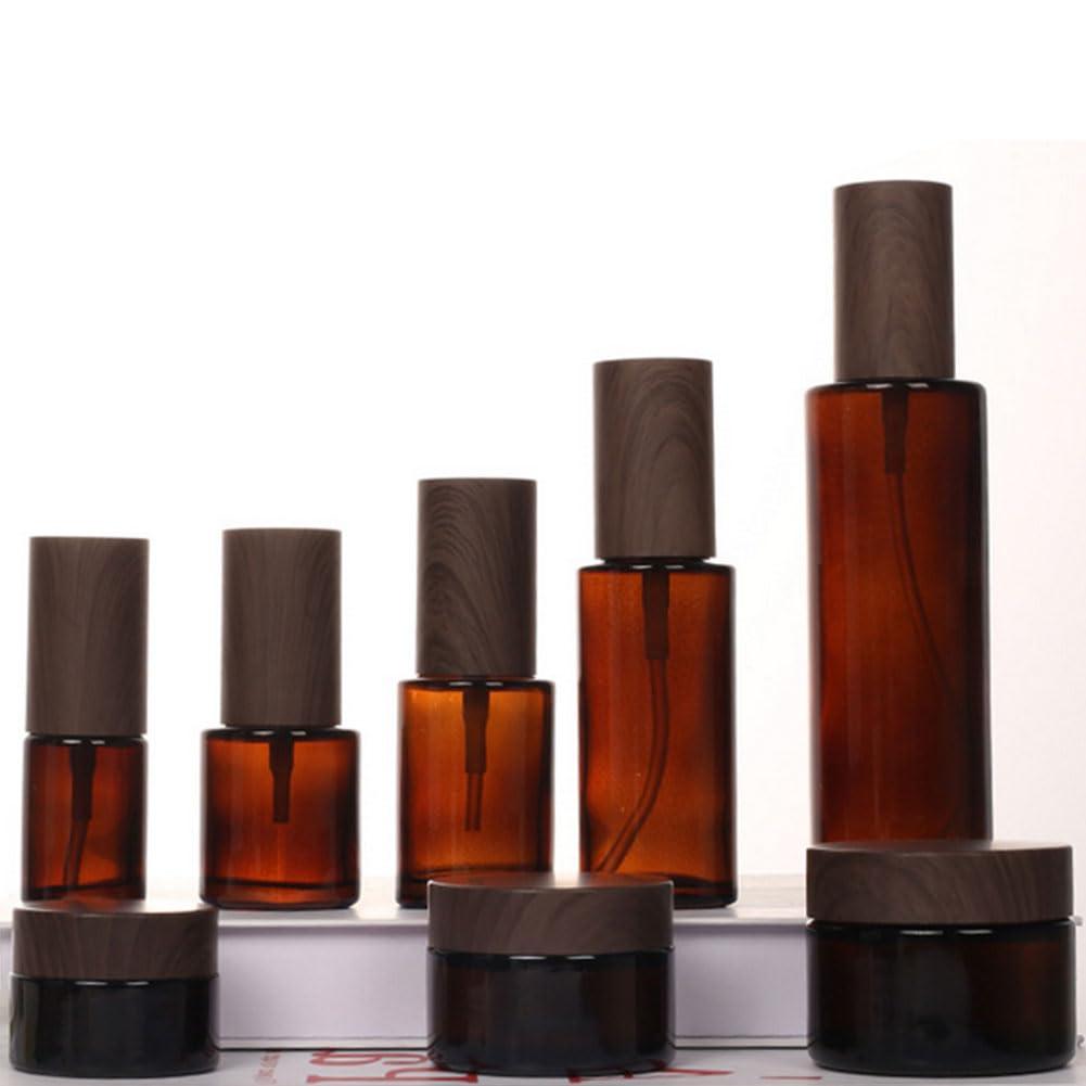 TUPANDY TUPANDY 2PCS 100ml/3.3oz Amber Glass Lotion Pump Press Bottles Empty Refillable Soap Dispensers Containers Jars with Black Wood Cap for Foundation Cream Makeup Removel Oil Shampoo