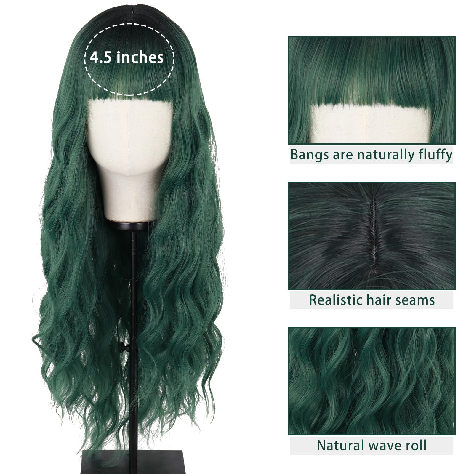 MERISIHAIR MERISIHAIR Long Dark Green Wig with Bangs,Ombre Curly Green Wig for Women,Long Dark Green Cosplay Wig Synthetic Natural Looking for Daily and Party