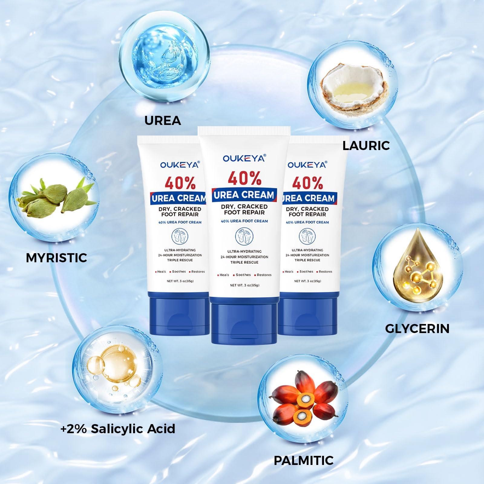 OUKEYA OUKEYA Urea Cream 40 Percent Tube 3 Oz, Urea Foot & Hand Cream for Dry Cracked, 40 per Urea Lotion for Feet Maximum Strength 3 Ounce(Pack of 3)