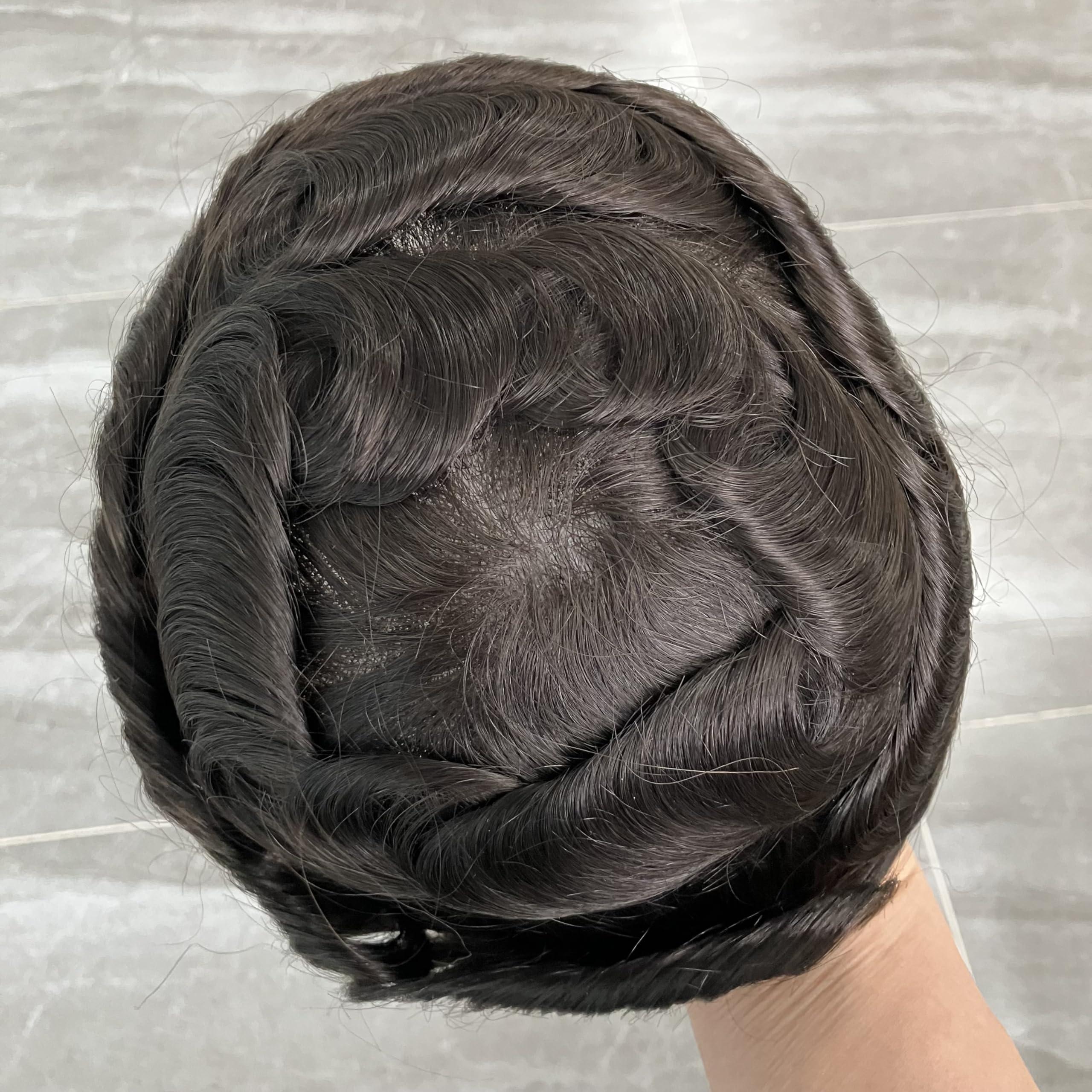 Eversilky Eversilky Super Ultra Thin Skin 0.02mm Full Skin Human Hair Men\'s Toupee Undetected Natural Hairline Prosthesis Capillary V Loop System (#2, dark brown, 0.03mm pu)